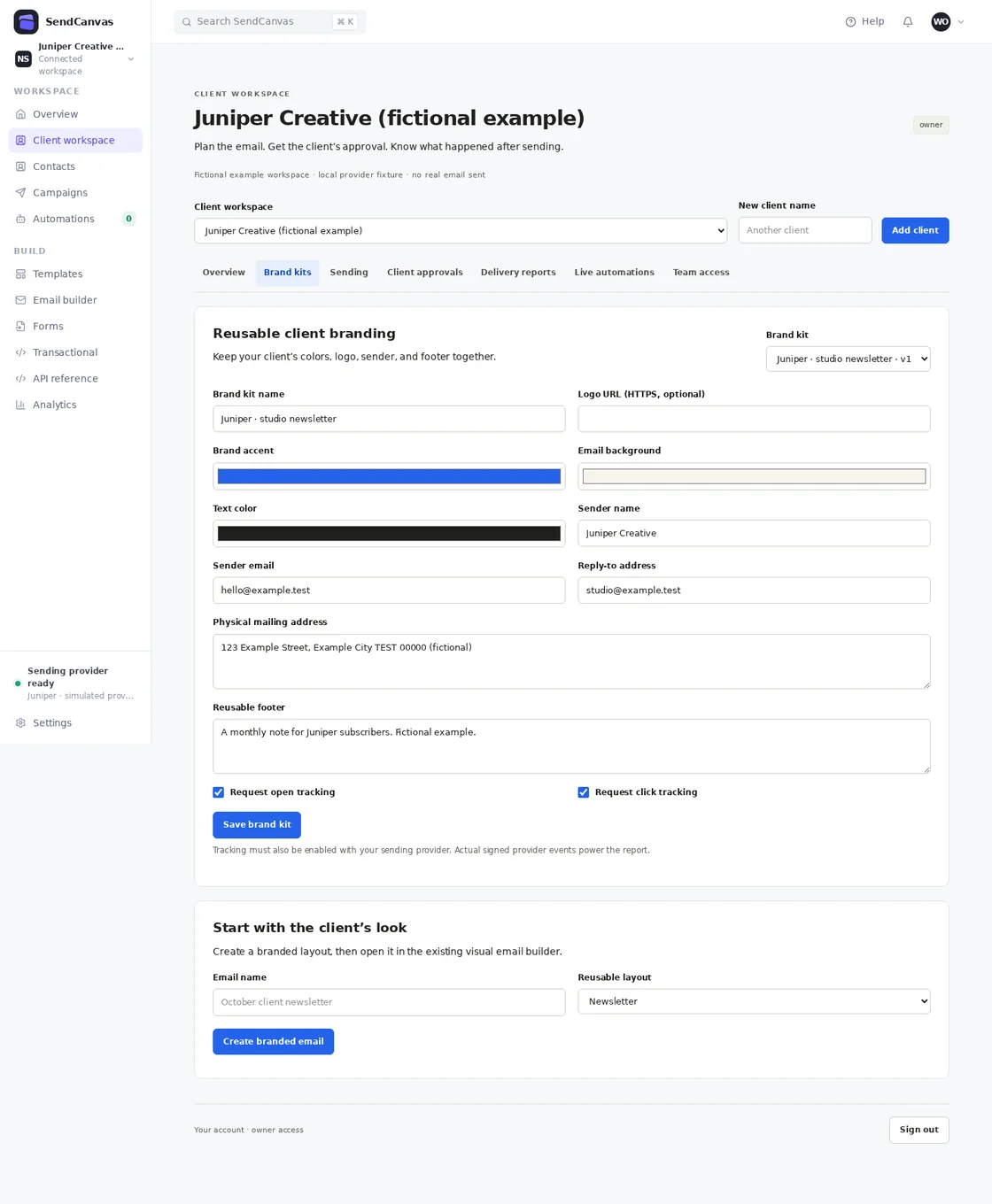 A saved SendCanvas brand kit with sender, reply-to address, colors, mailing address and reusable footer