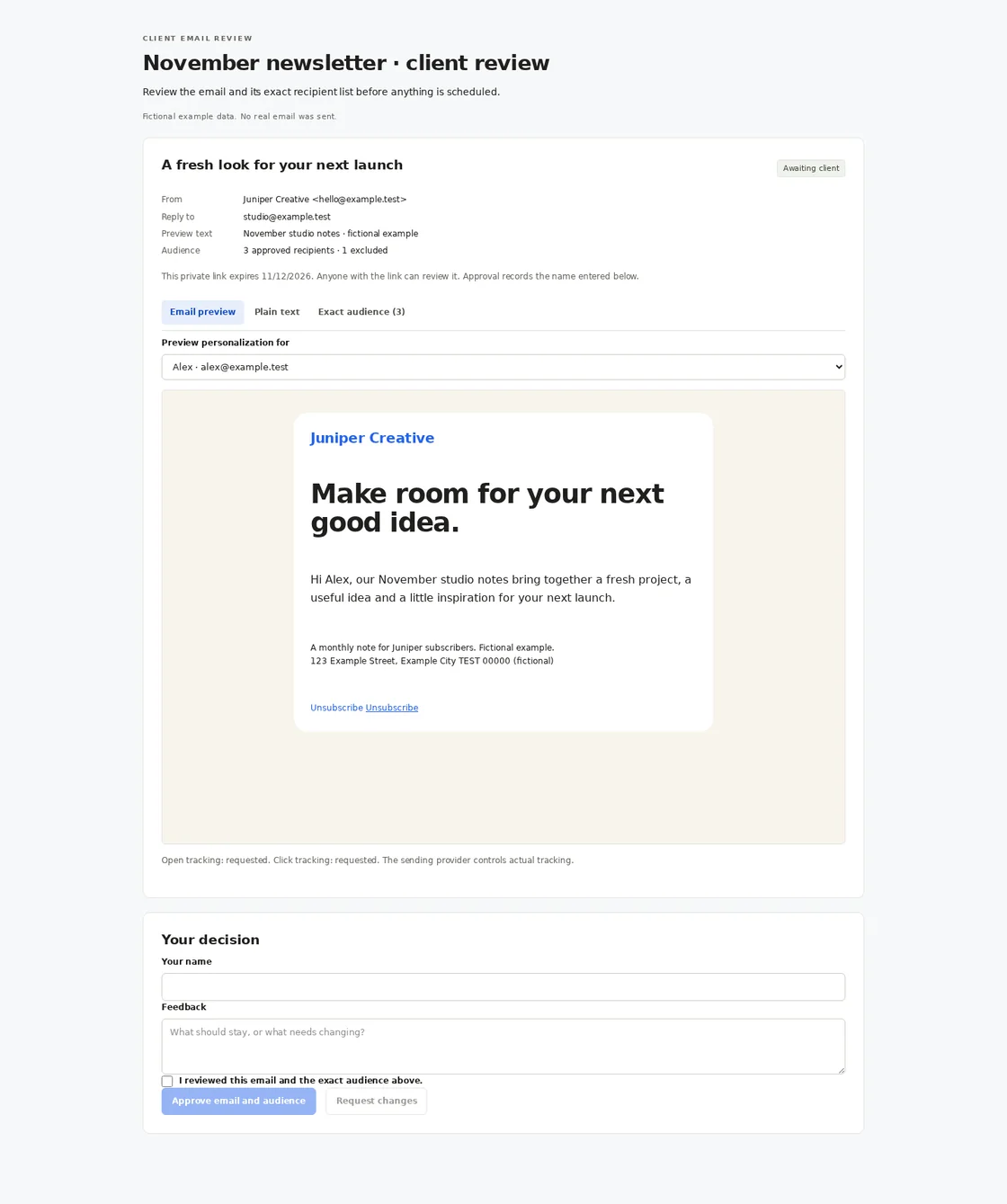 Private client review showing a personalized newsletter and a form to approve the email and its audience