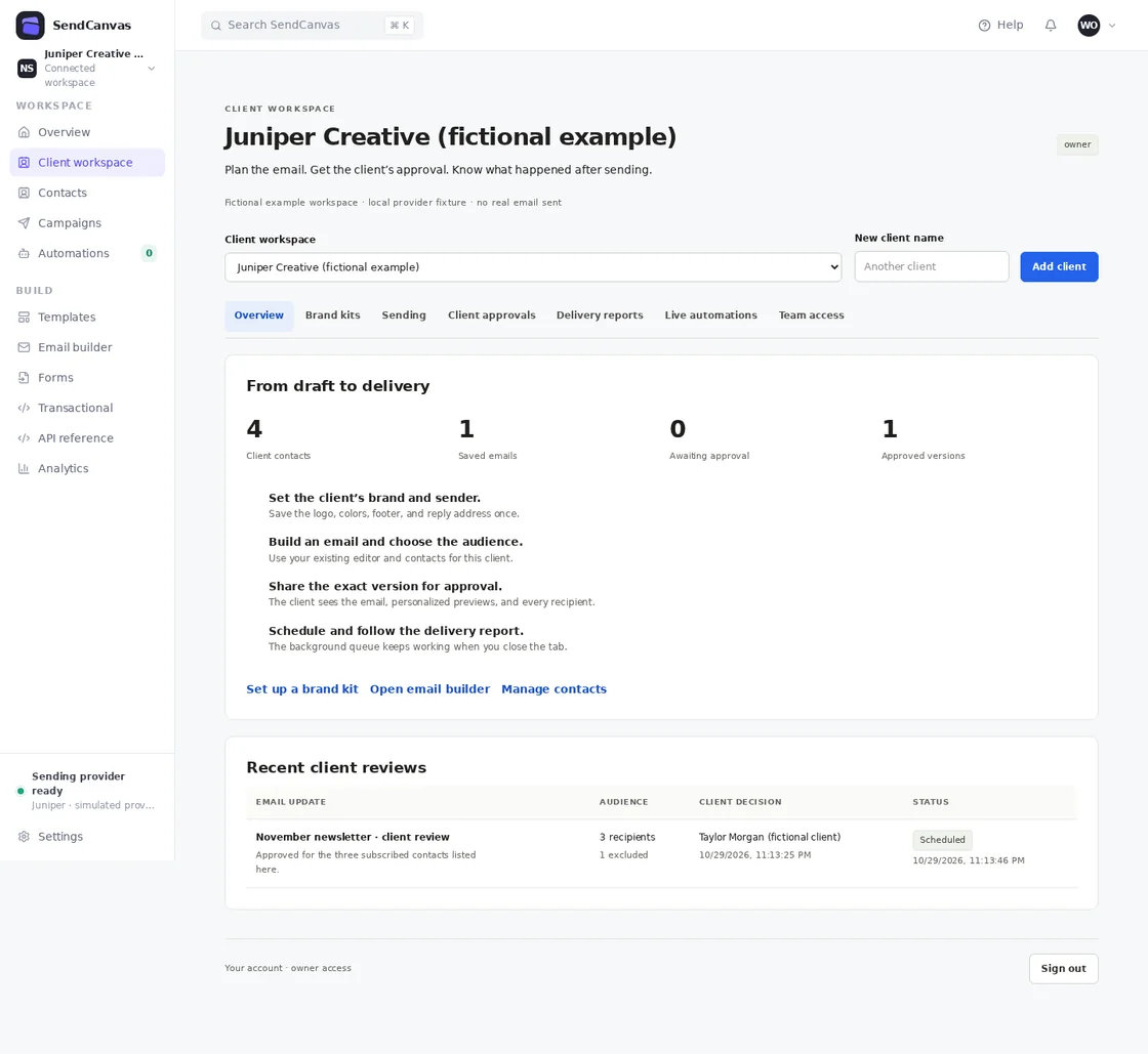 An approved newsletter with three recipients, its client decision and scheduled send time