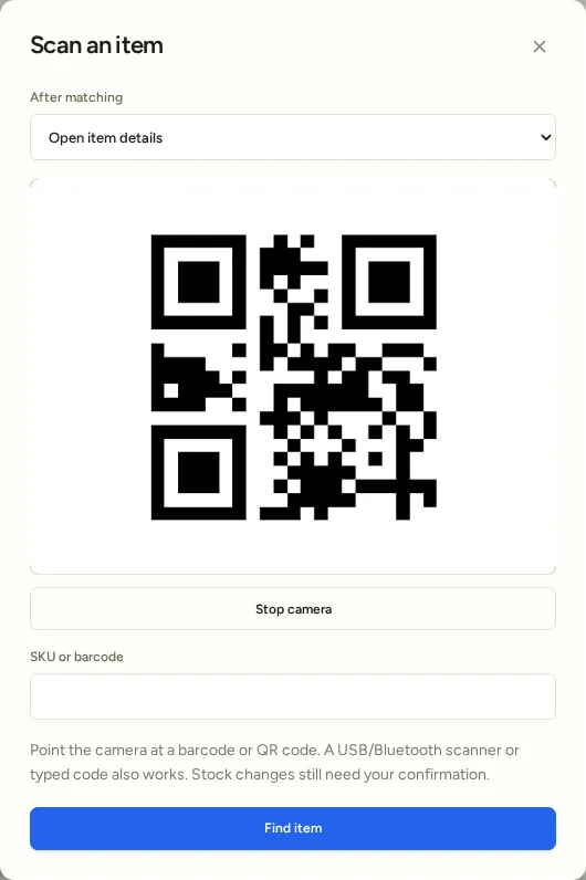 Stockroom camera scanner showing a QR code and the Open item details action