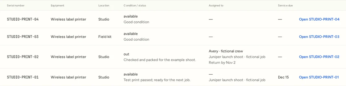 Four printer serials showing Studio and Field kit locations, with one unit checked out to Avery for a fictional shoot