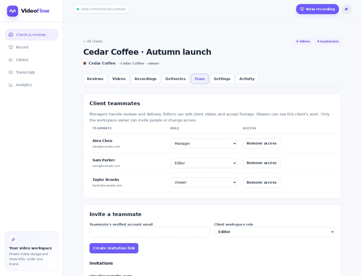 Client workspace showing manager, editor and viewer roles for three assigned teammates.