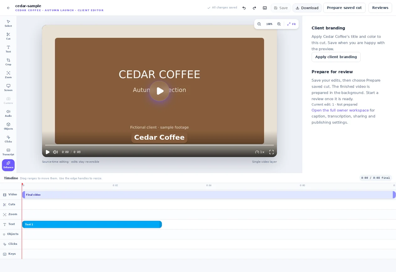 VideoFlow client editor with Apply client branding and a saved Cedar Coffee title on the sample video.