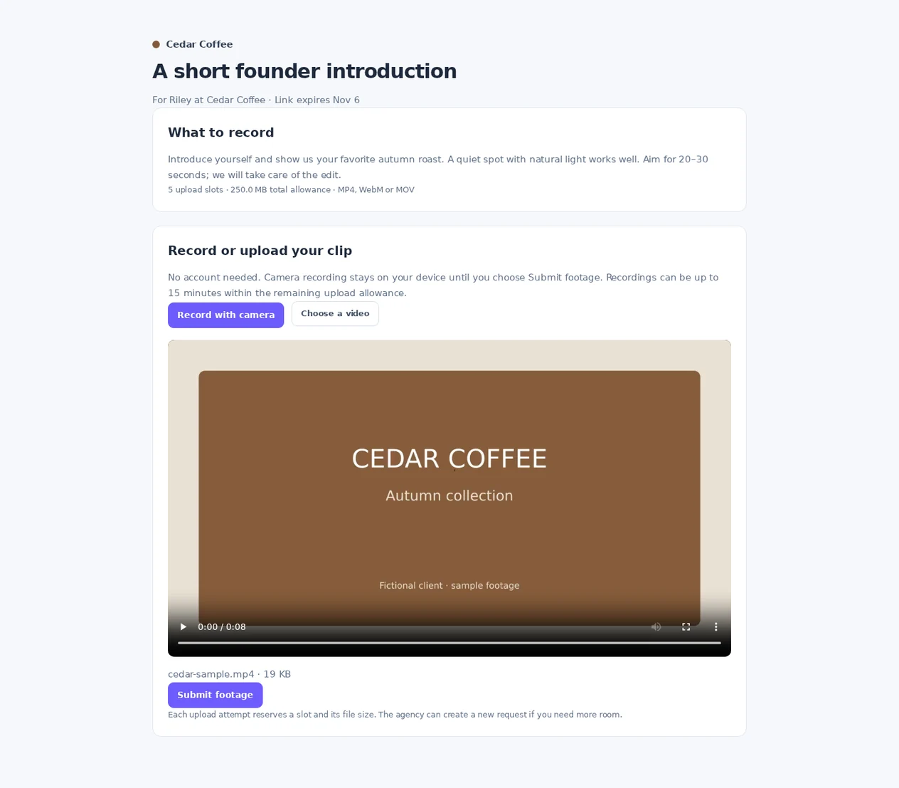 Private recording request with instructions, camera recording, file upload, a preview and Submit footage.