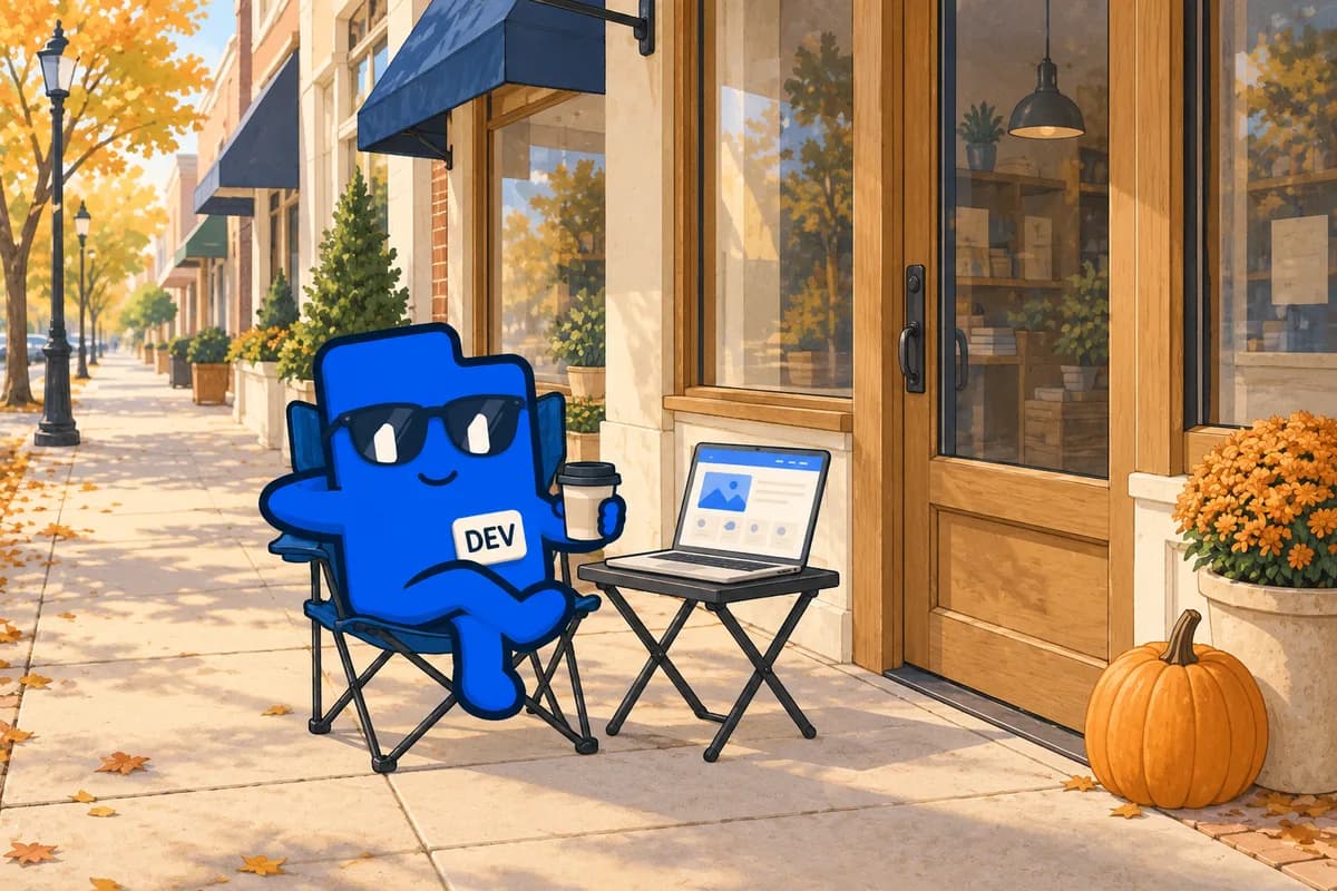 The blue DevLaunch mascot brought a folding chair, coffee, and laptop to an empty Black Friday queue, with an October pumpkin beside the door.