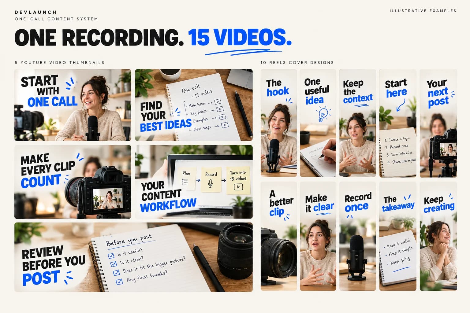 Illustrative examples of five YouTube thumbnail designs and ten vertical reel covers