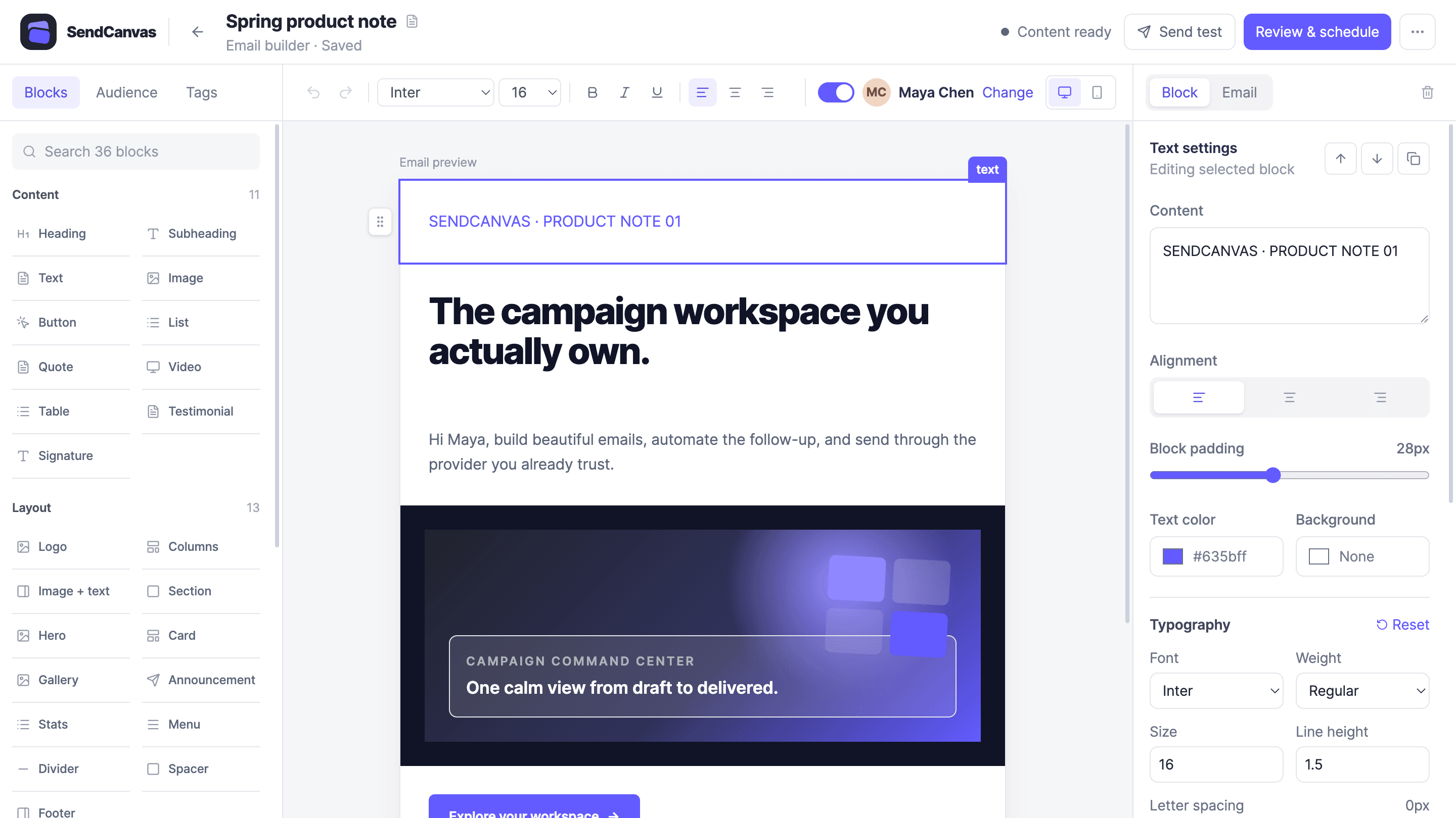 SendCanvas visual email editor with its block library, email canvas, and settings