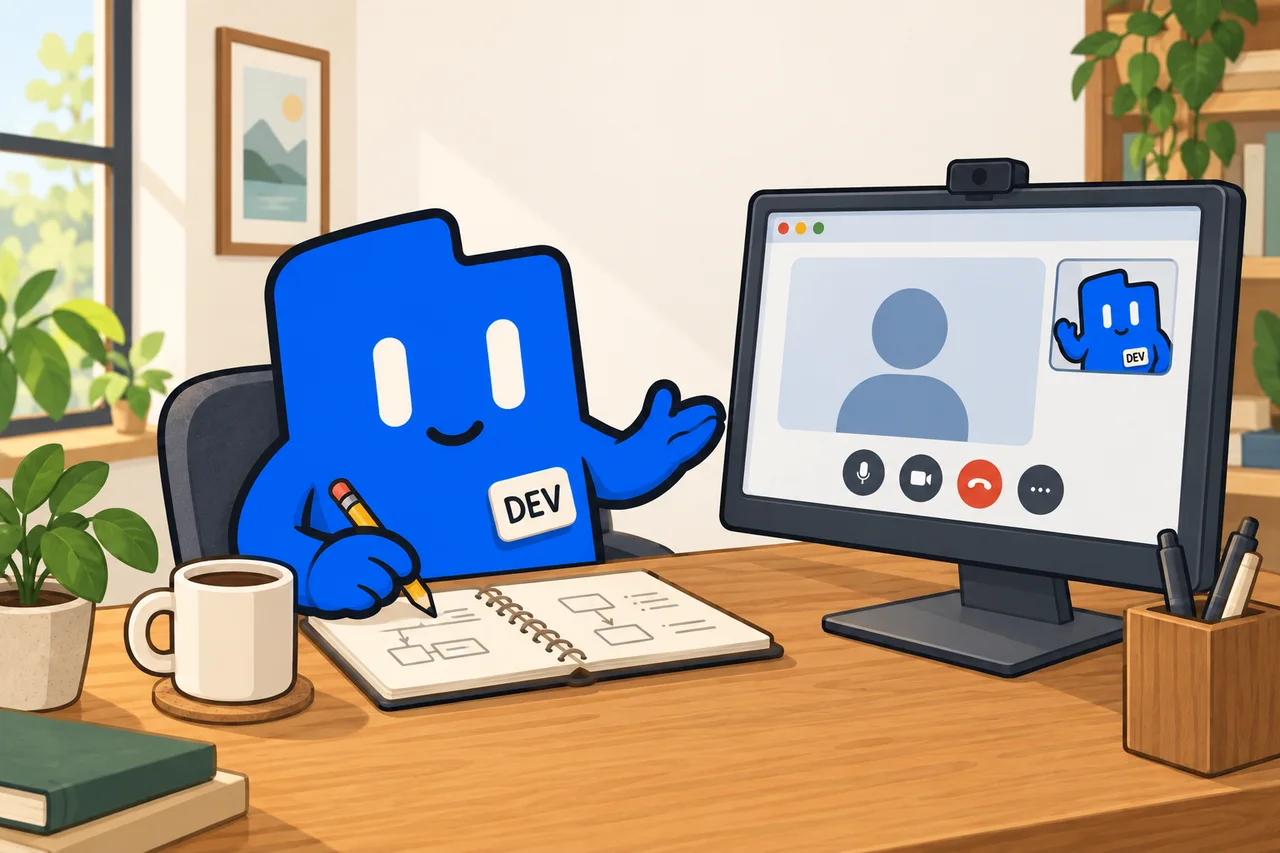 The DevLaunch companion takes notes at a desk during a video call.