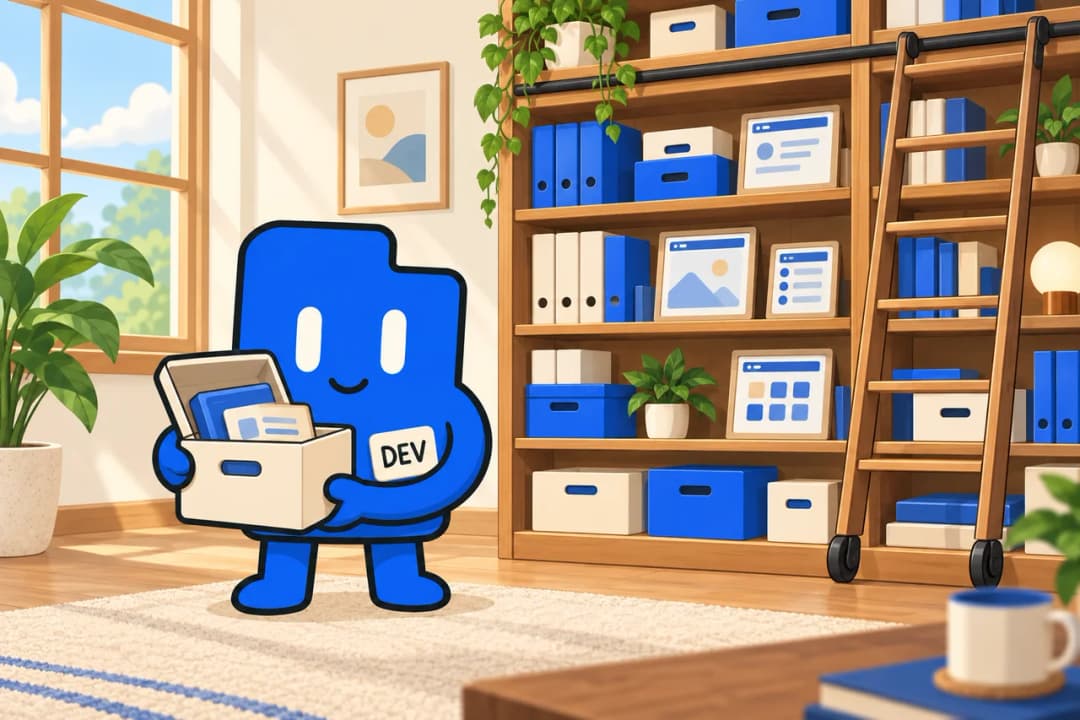 DevLaunch mascot browsing a shelf of books