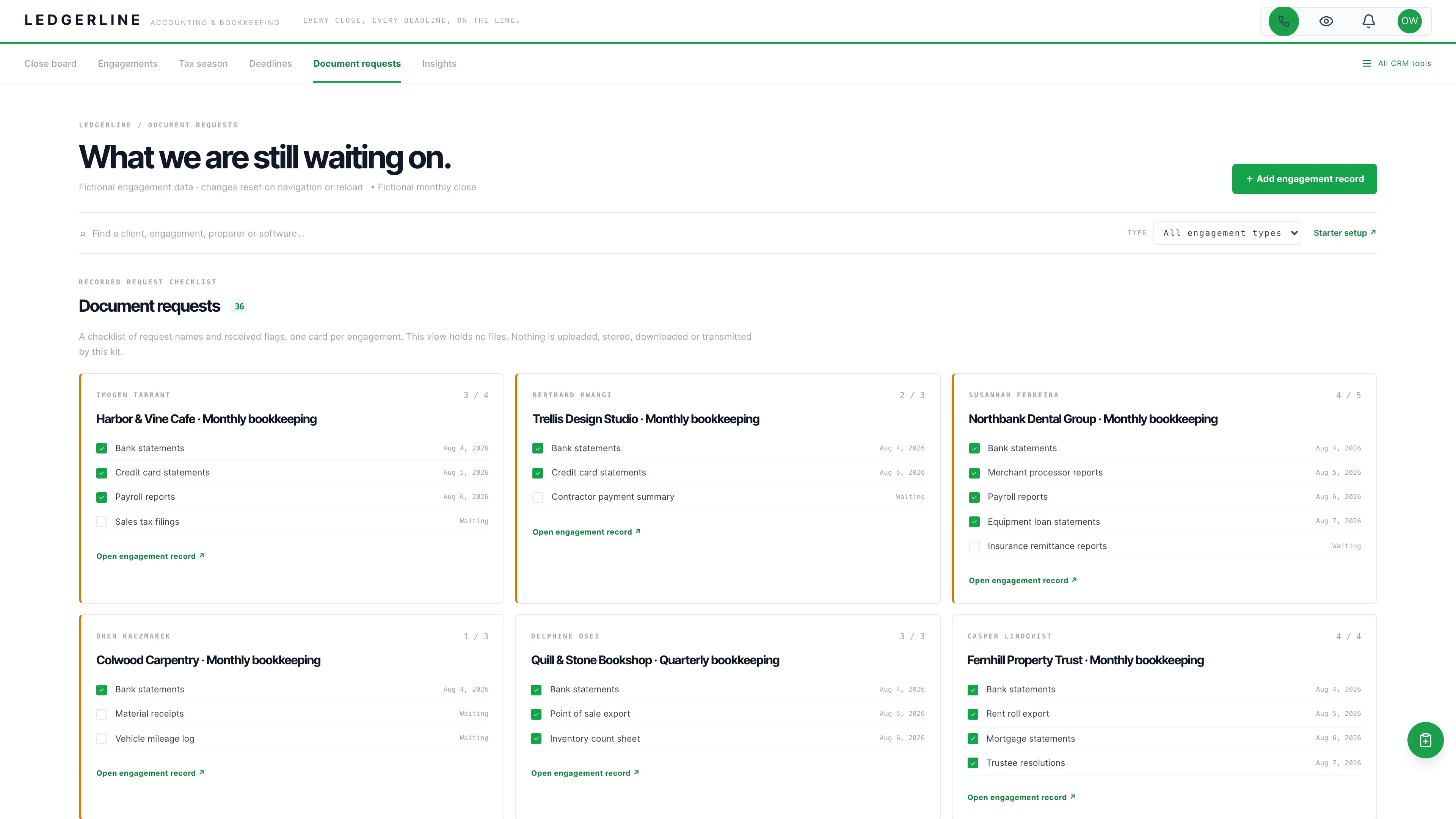 Document requests in the GoSeedly Accounting & Bookkeeping Kit with fictional sample records
