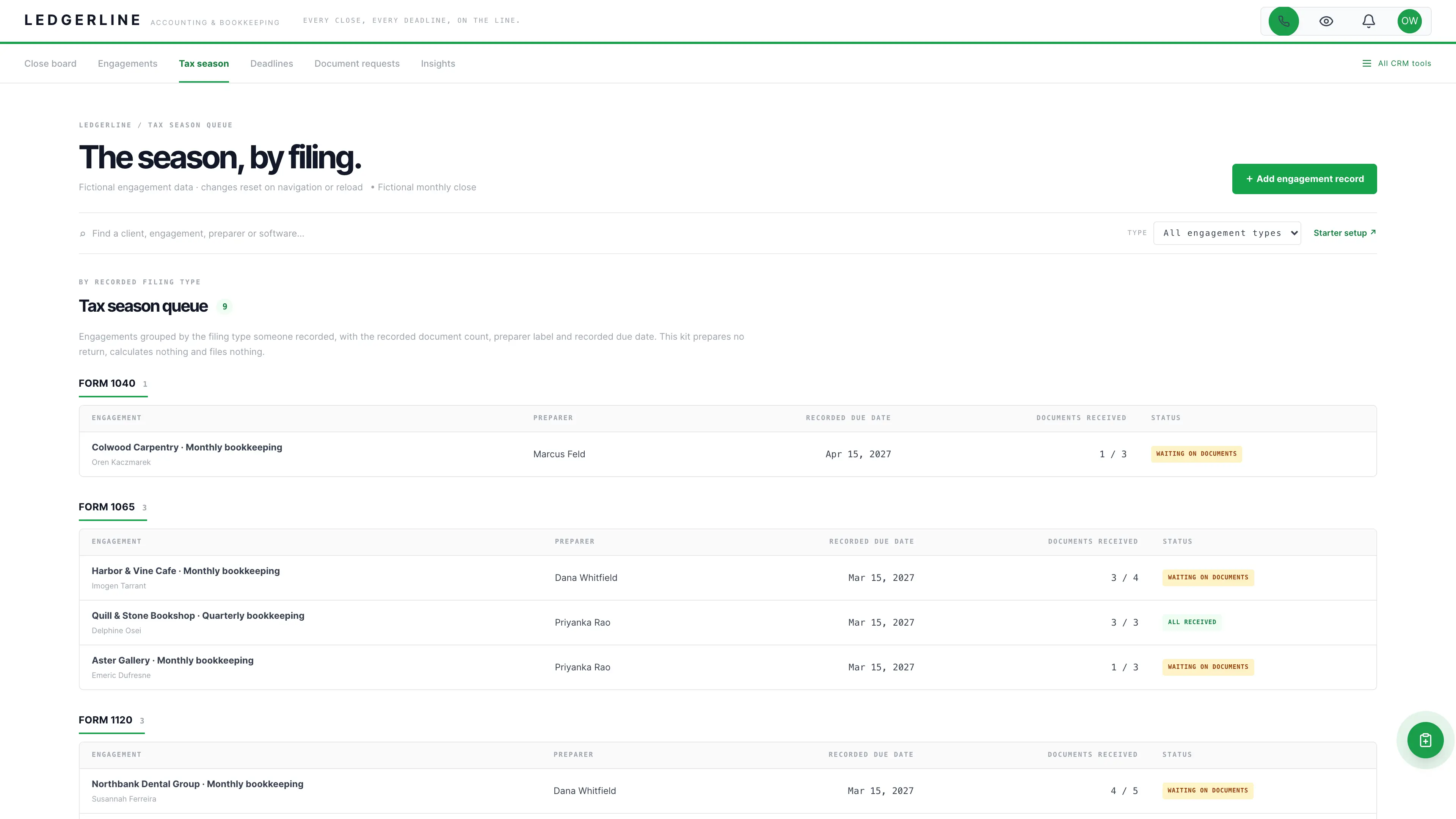 Tax season in the GoSeedly Accounting & Bookkeeping Kit with fictional sample records
