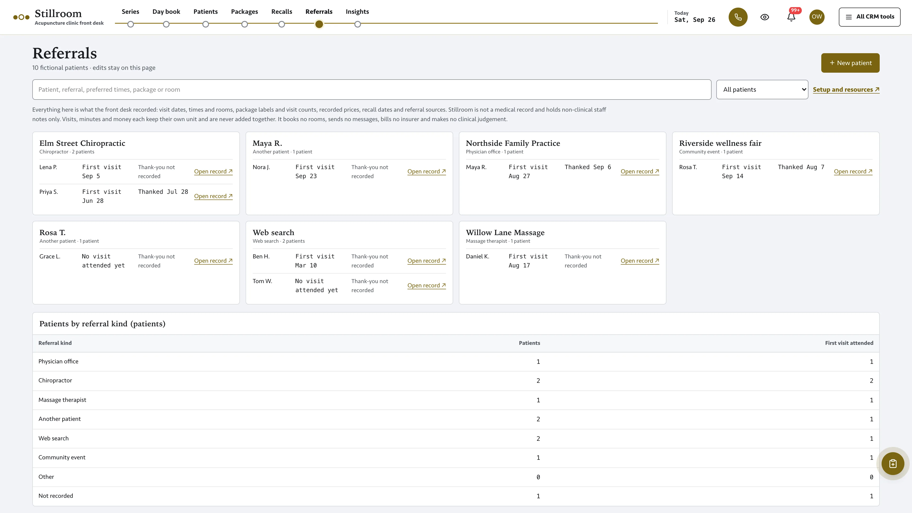 Referrals in the GoSeedly Acupuncture Clinic Kit with fictional sample records