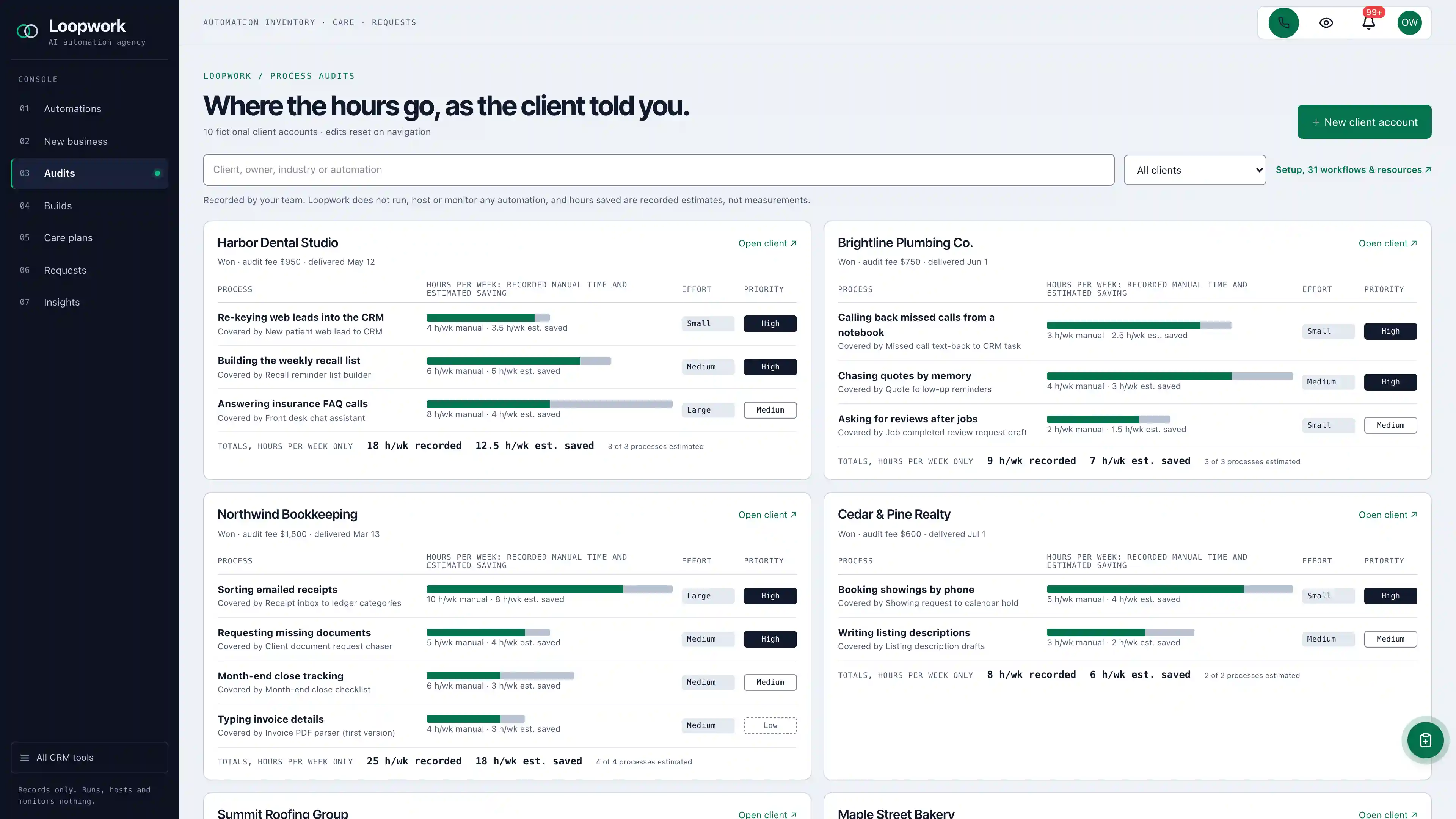 Audits in the GoSeedly AI Automation Agency Kit with fictional sample records