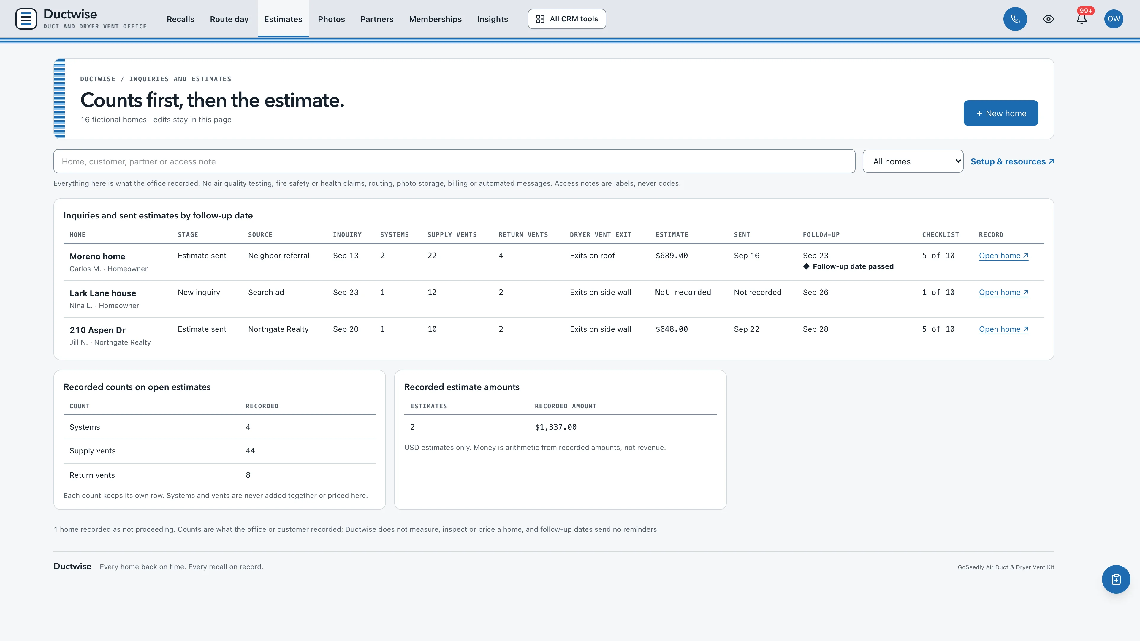 Estimates in the GoSeedly Air Duct & Dryer Vent Kit with fictional sample records