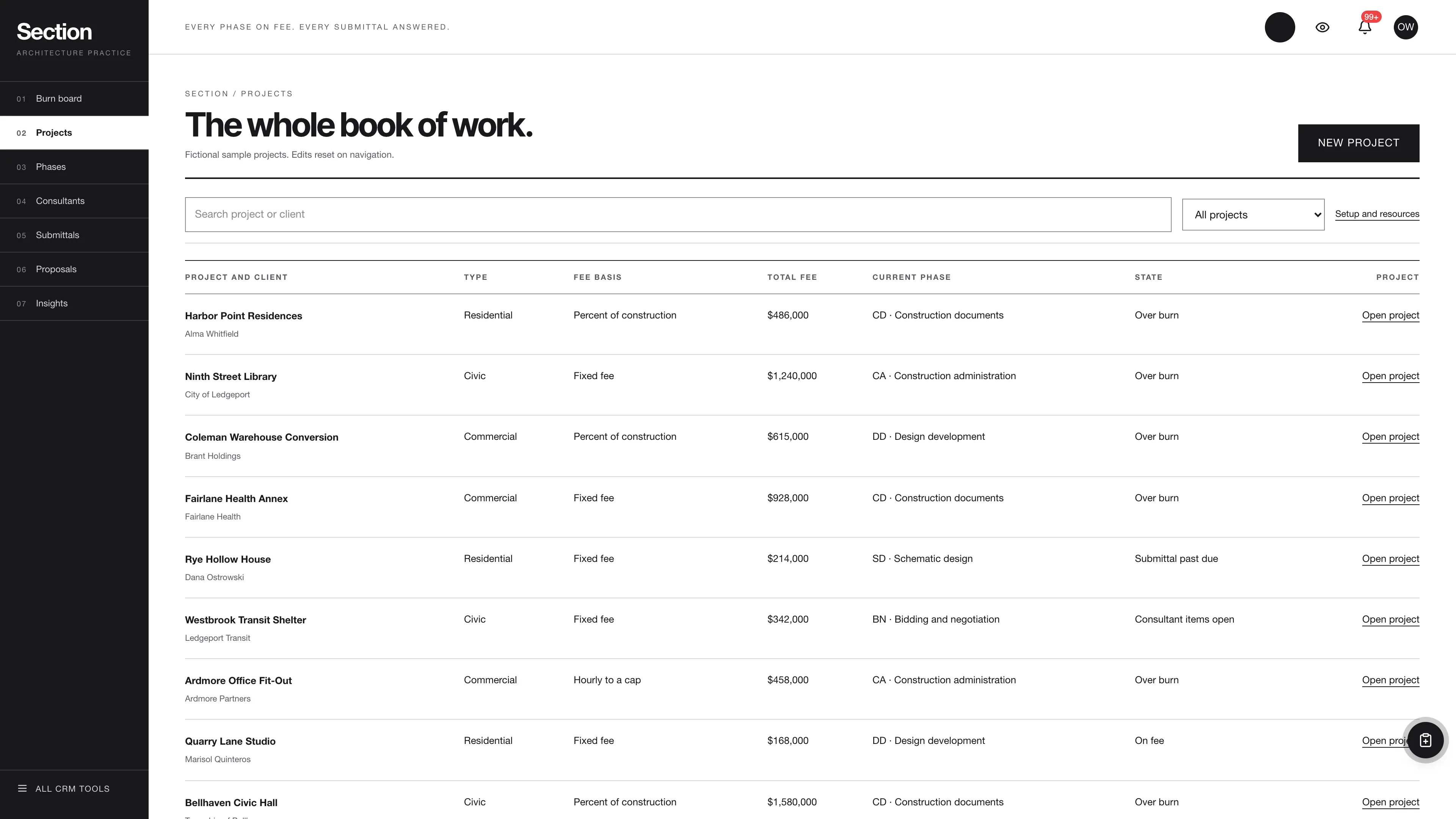 Projects in the GoSeedly Architecture Firm Kit with fictional sample records