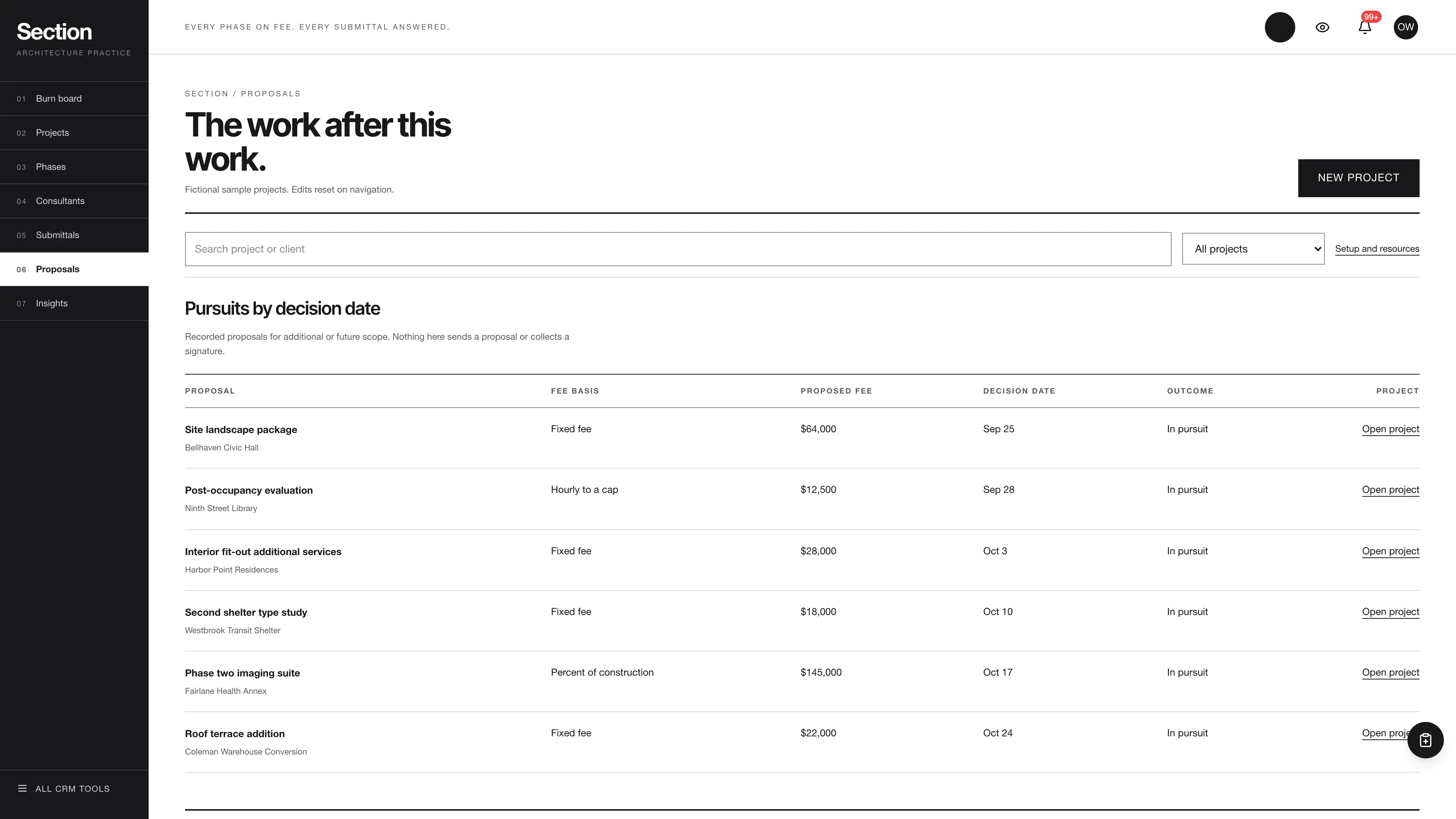 Proposals in the GoSeedly Architecture Firm Kit with fictional sample records