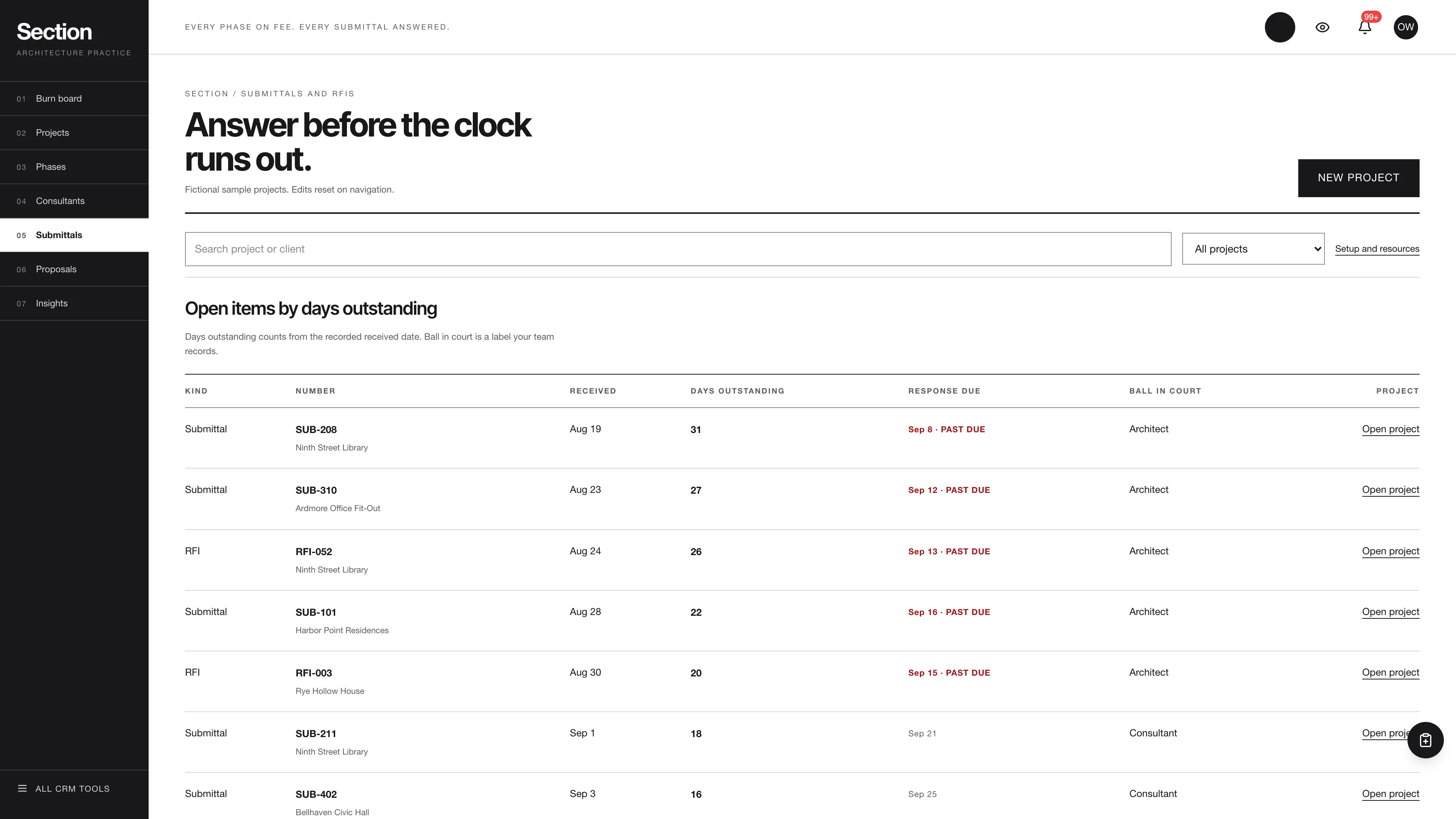Submittals and RFIs in the GoSeedly Architecture Firm Kit with fictional sample records
