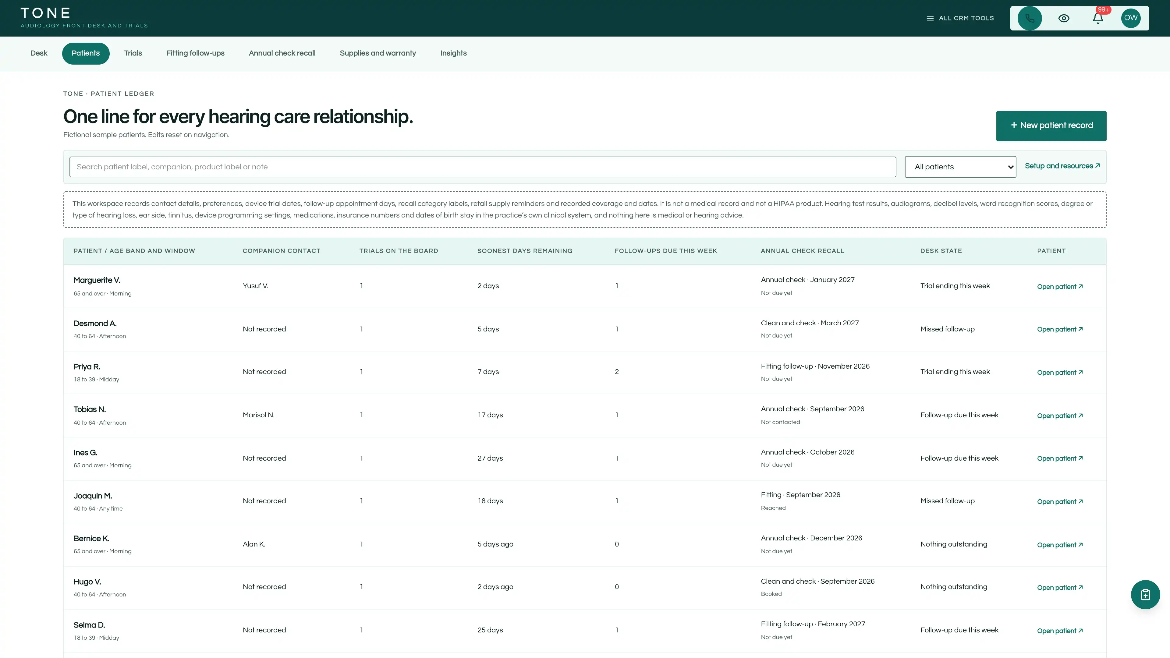 Patients in the GoSeedly Audiology & Hearing Kit with fictional sample records