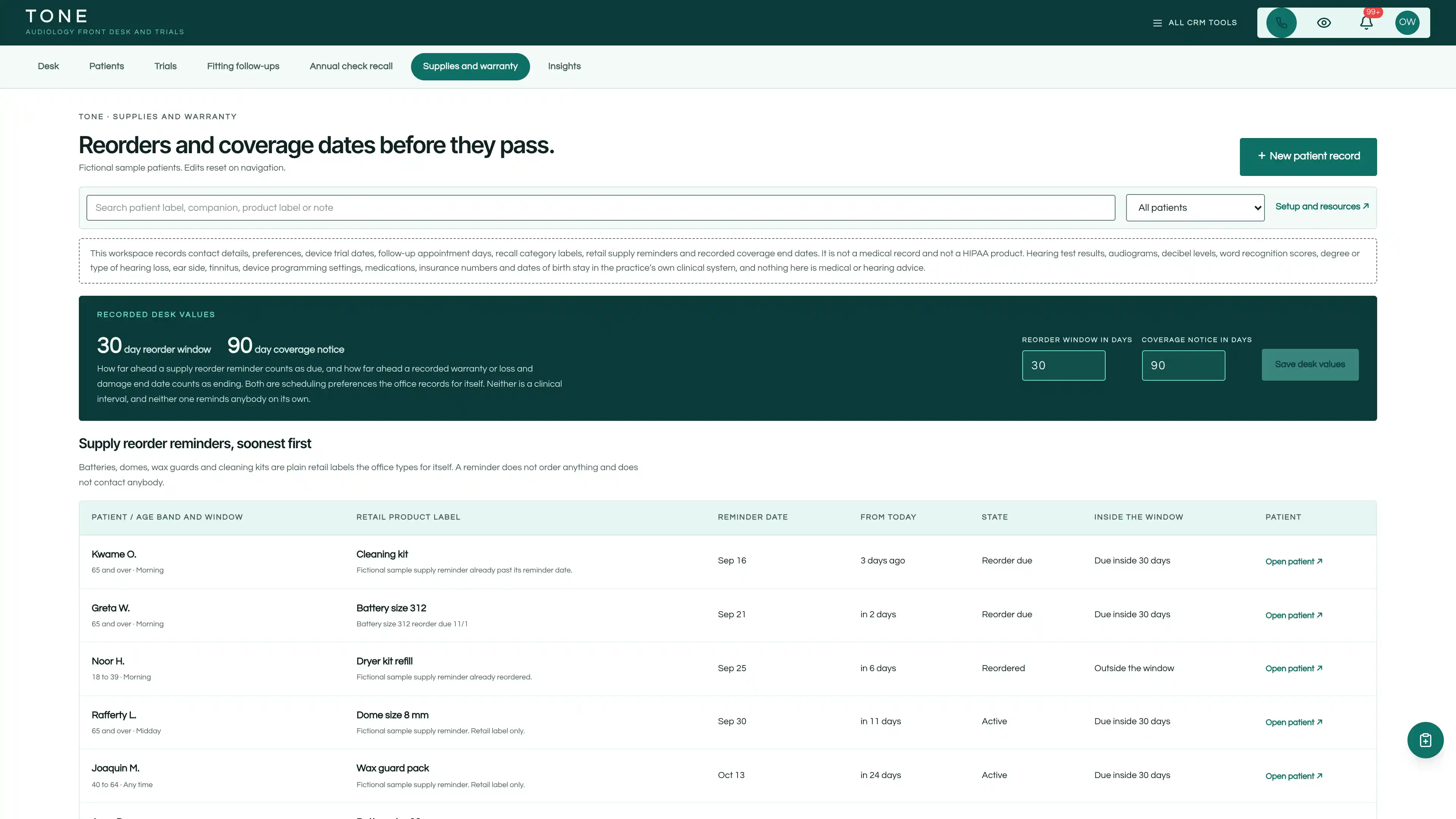 Supplies and warranty in the GoSeedly Audiology & Hearing Kit with fictional sample records