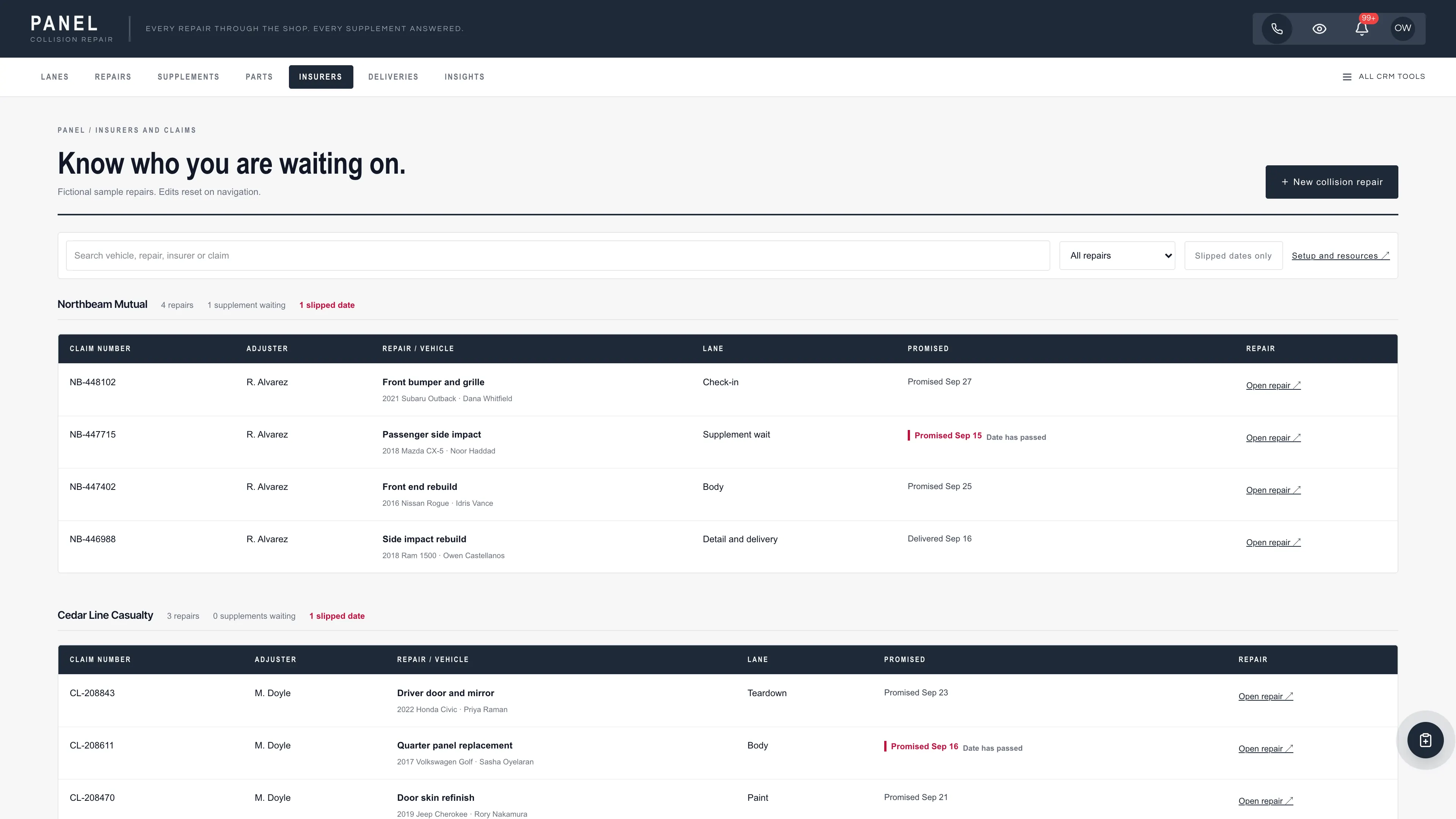 Insurers and claims in the GoSeedly Auto Body & Collision Kit with fictional sample records