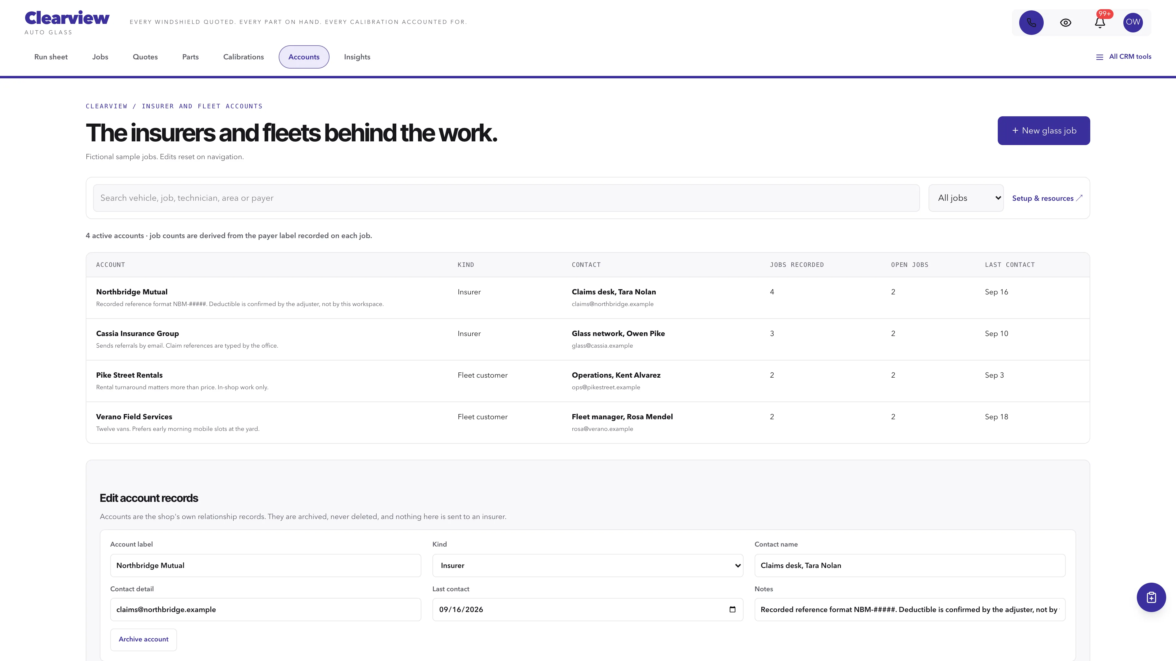 Accounts in the GoSeedly Auto Glass Kit with fictional sample records