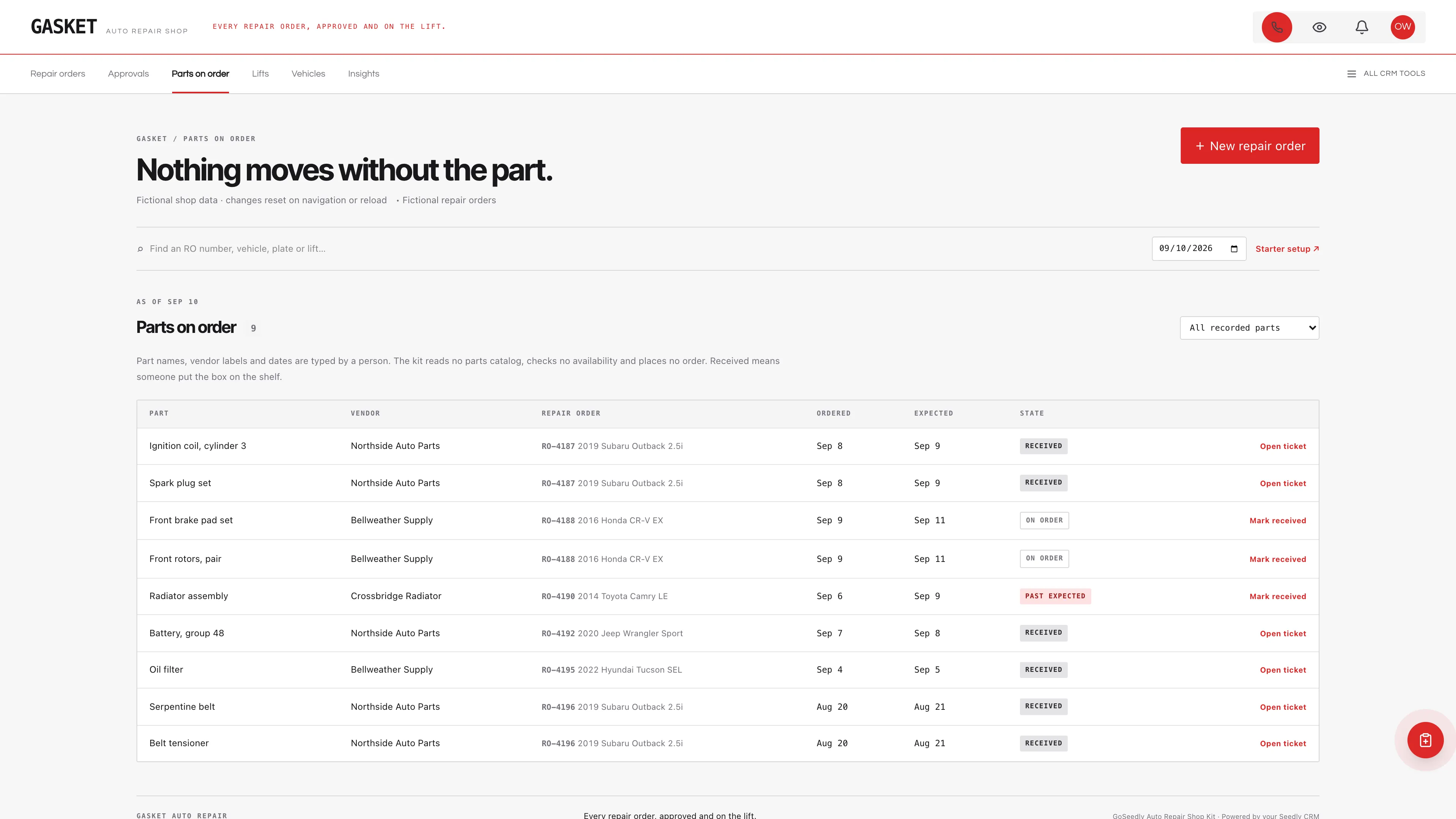 Parts on order in the GoSeedly Auto Repair Shop Kit with fictional sample records