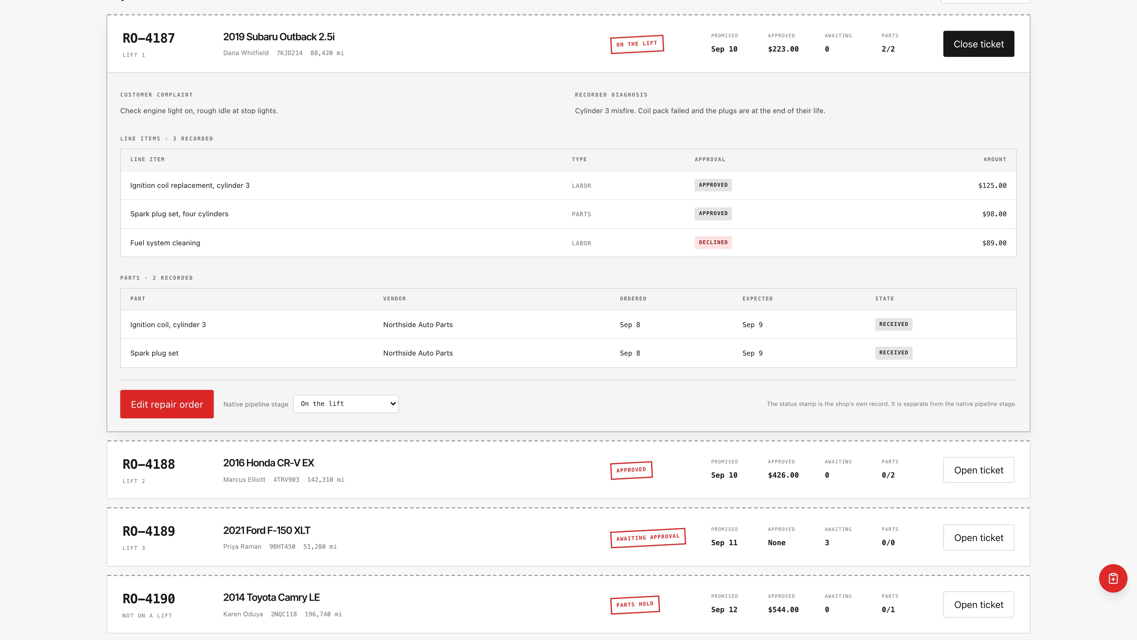 Repair order record in the GoSeedly Auto Repair Shop Kit with fictional sample records