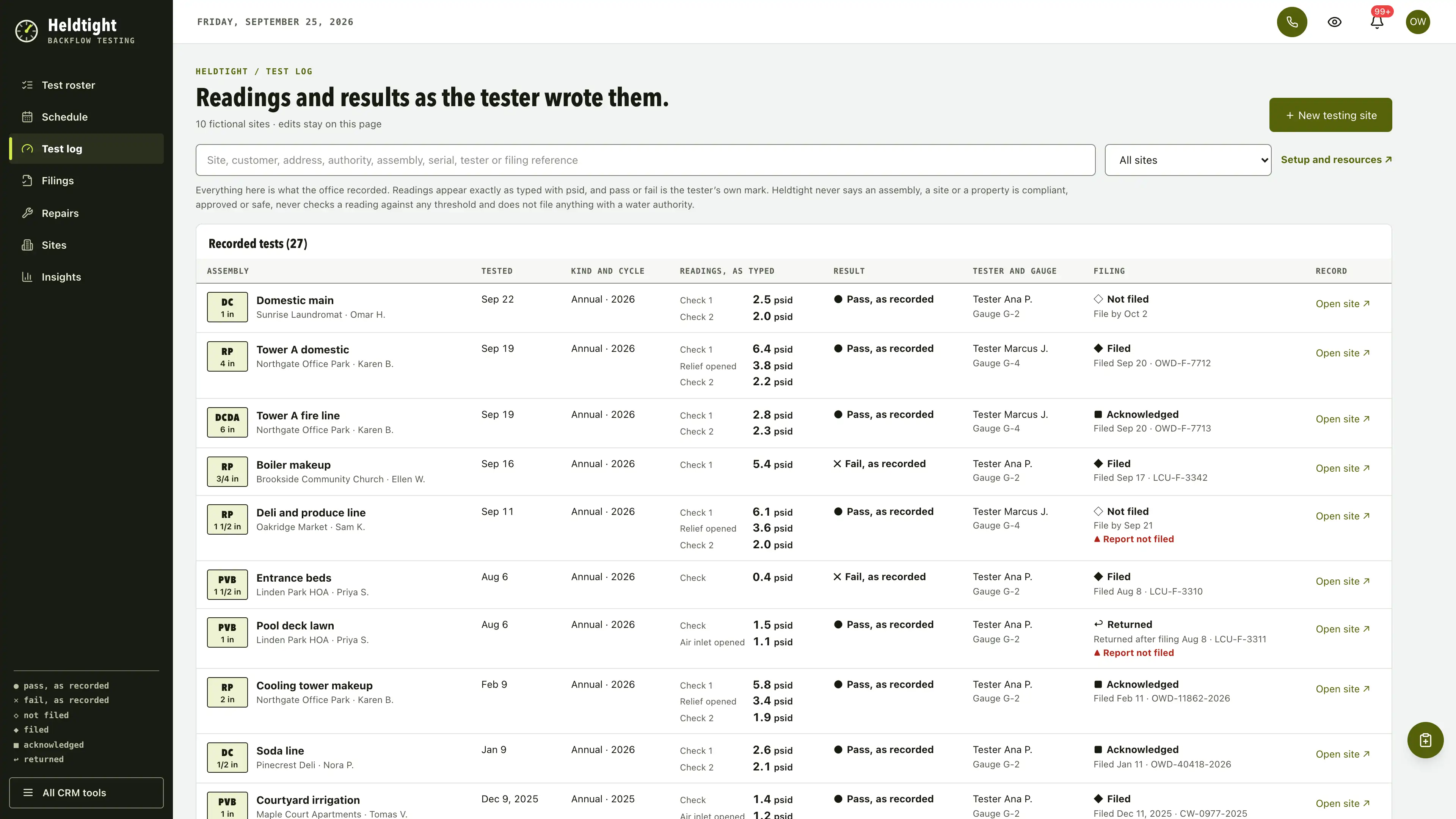 Test log in the GoSeedly Backflow Testing Kit with fictional sample records