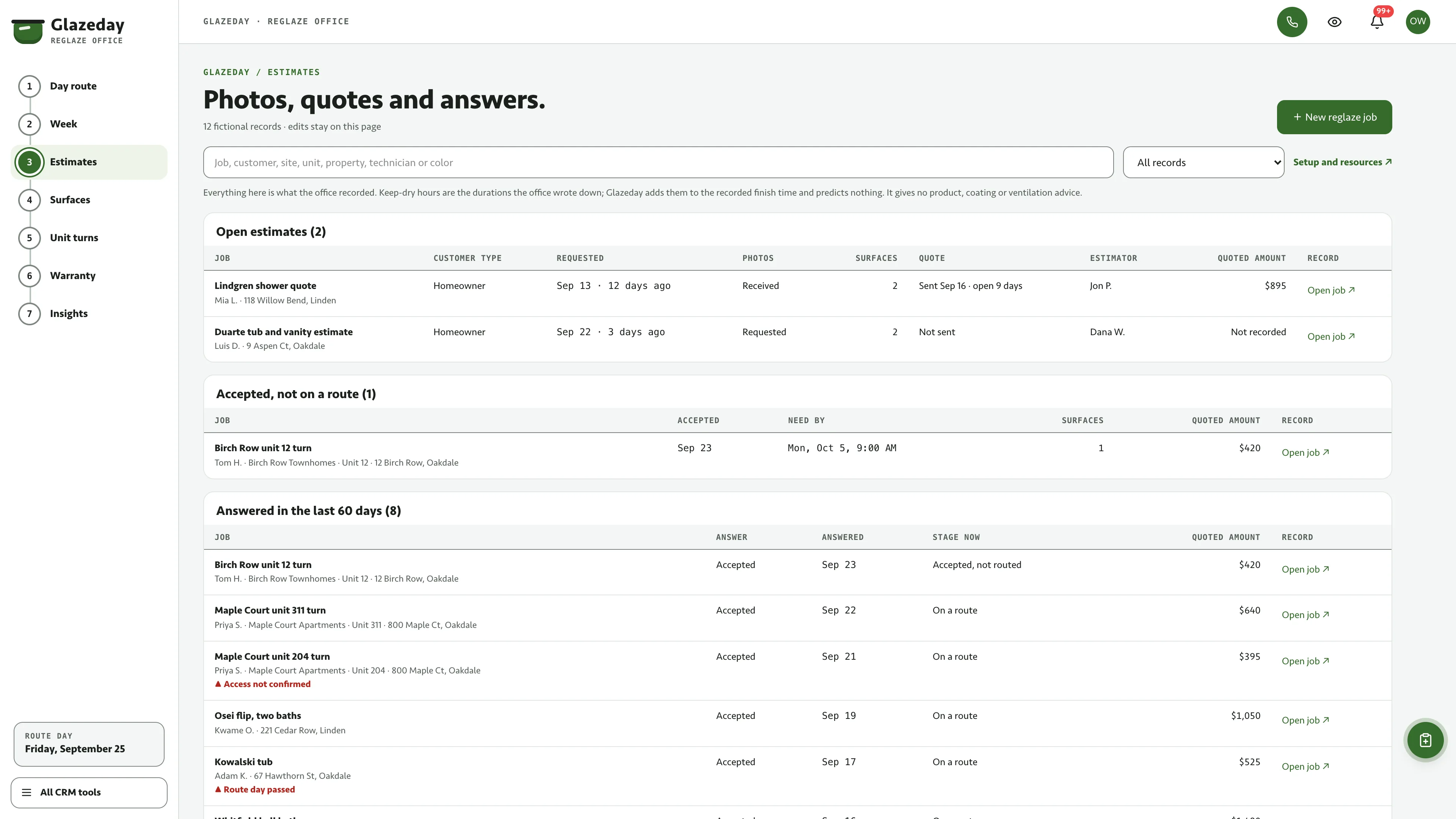 Estimates in the GoSeedly Bathtub & Tile Reglazing Kit with fictional sample records
