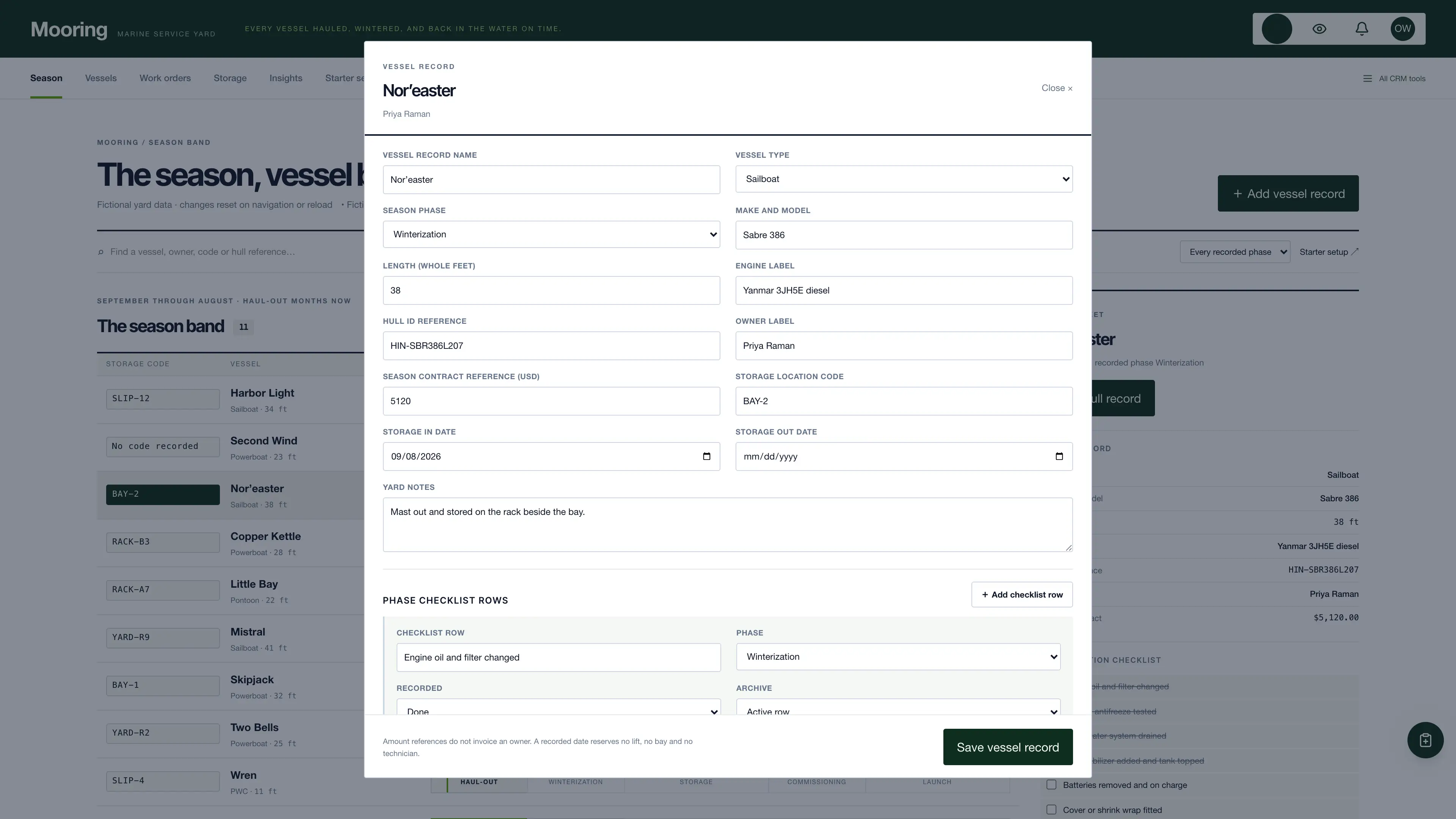 Vessel record in the GoSeedly Boat & Marine Service Kit with fictional sample records
