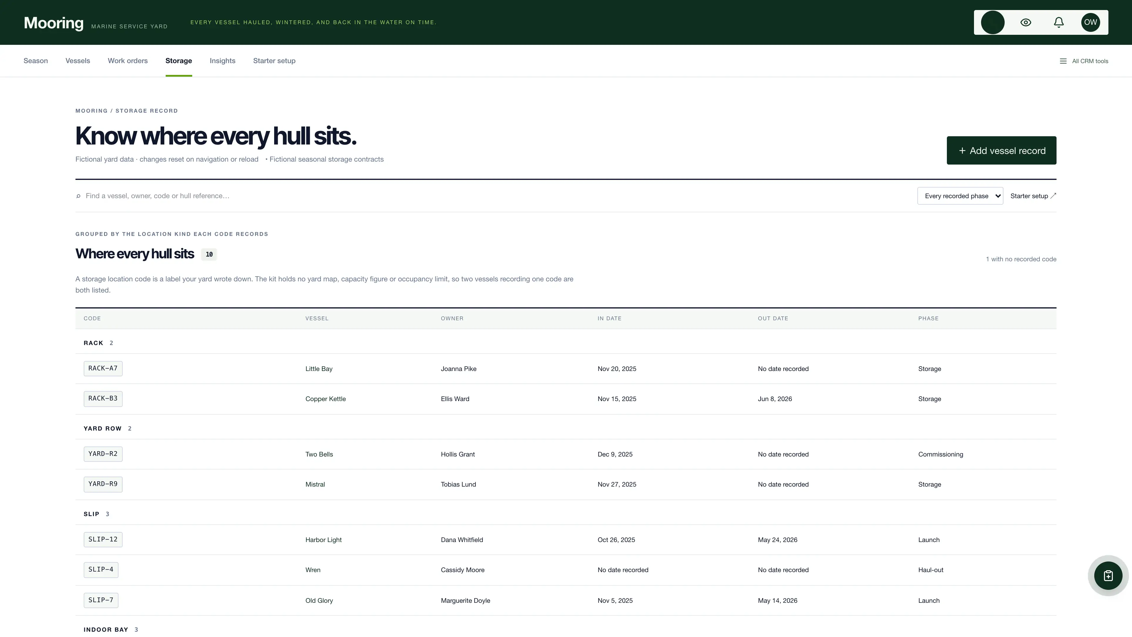 Storage record in the GoSeedly Boat & Marine Service Kit with fictional sample records