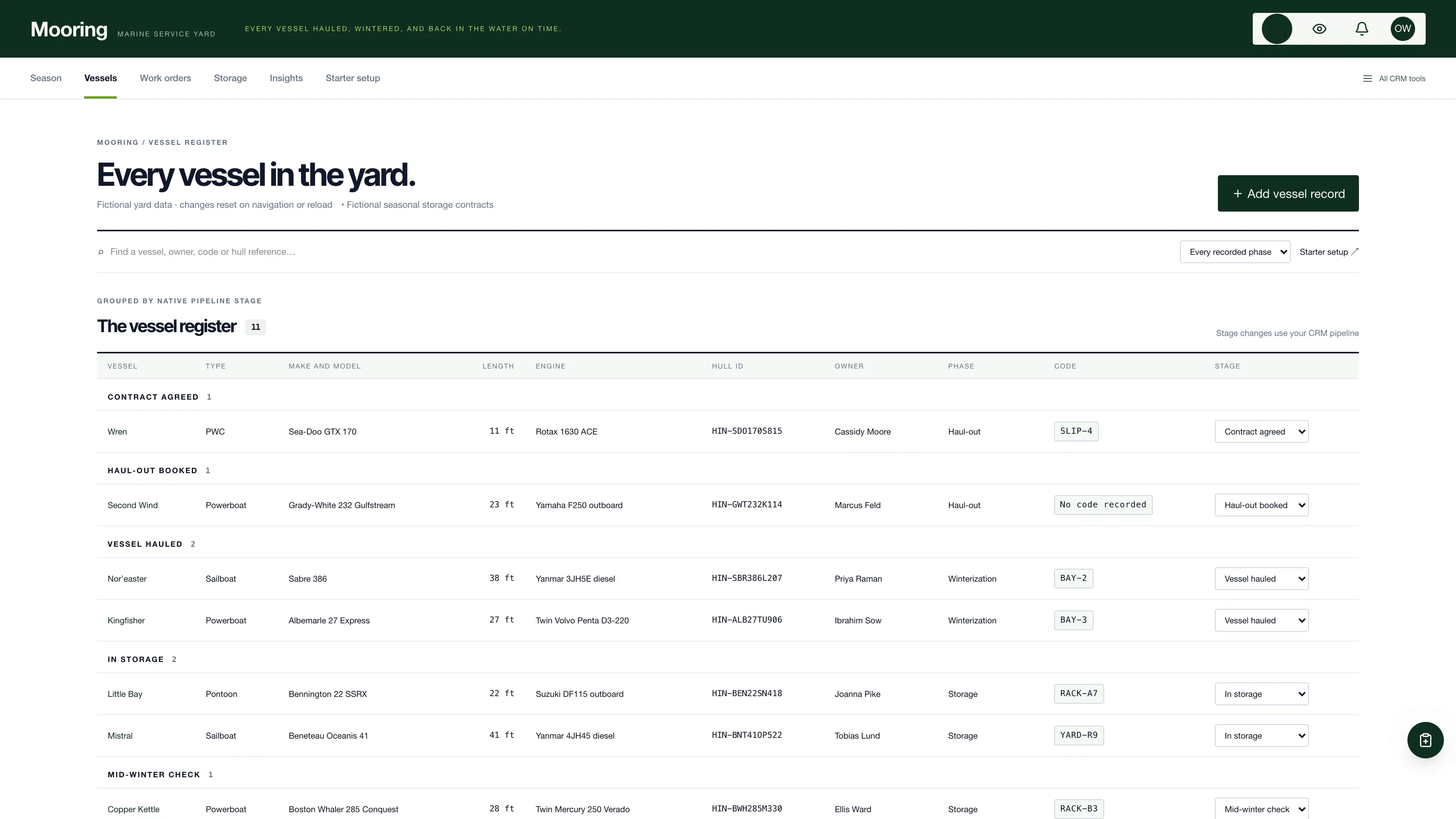 Vessel register in the GoSeedly Boat & Marine Service Kit with fictional sample records