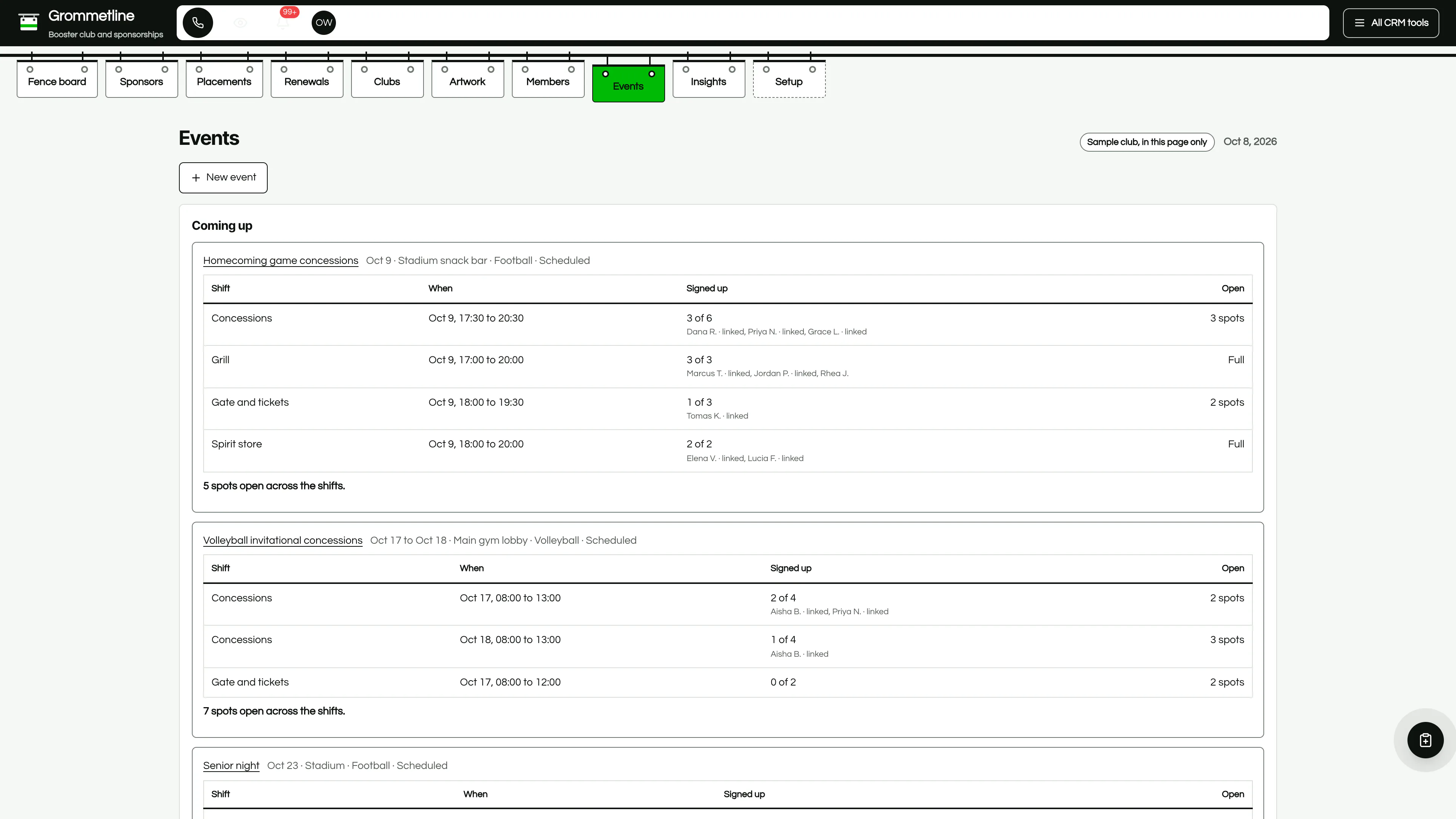 Events in the GoSeedly Booster Club & Sponsorships Kit with fictional sample records