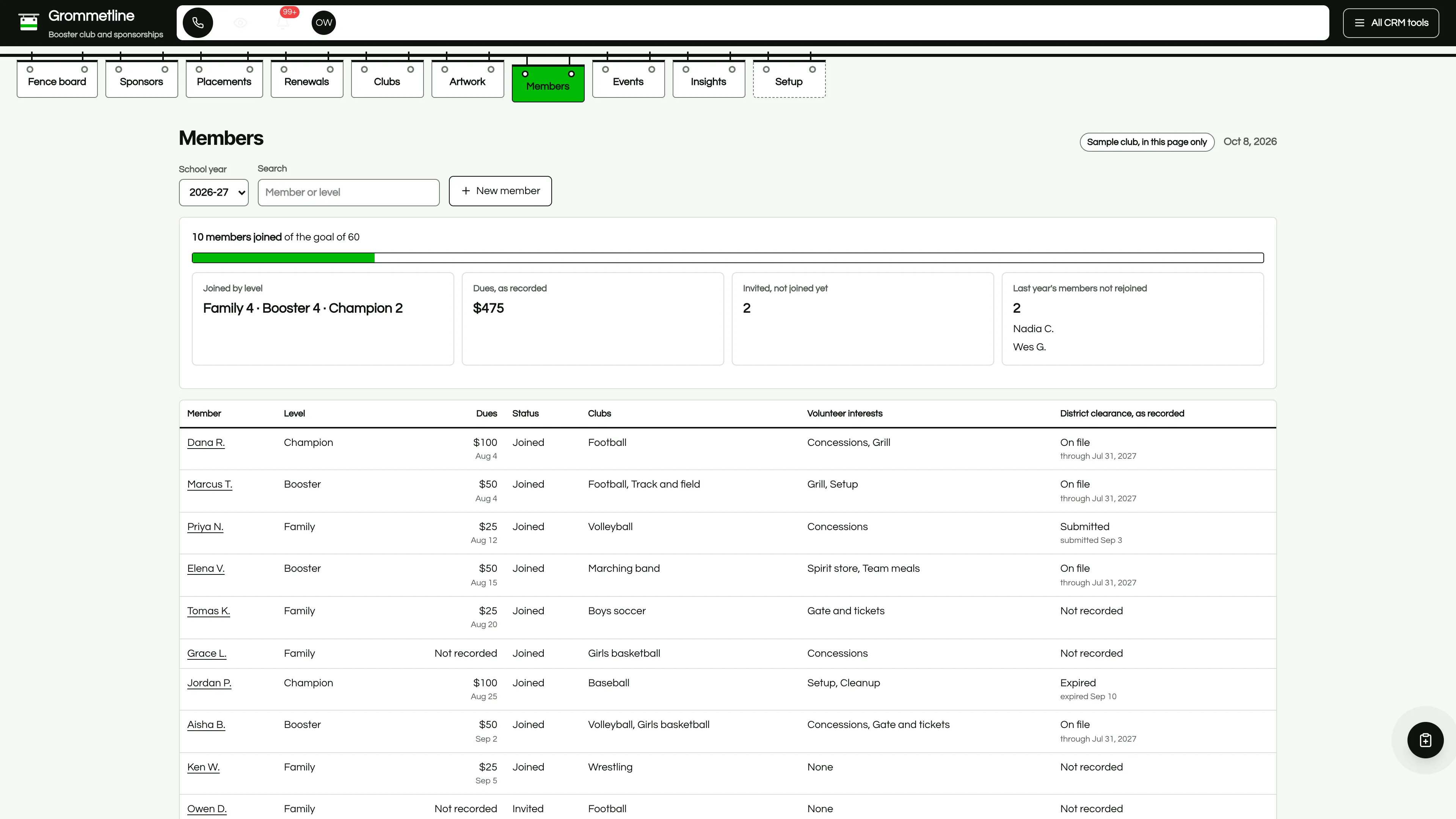 Members in the GoSeedly Booster Club & Sponsorships Kit with fictional sample records