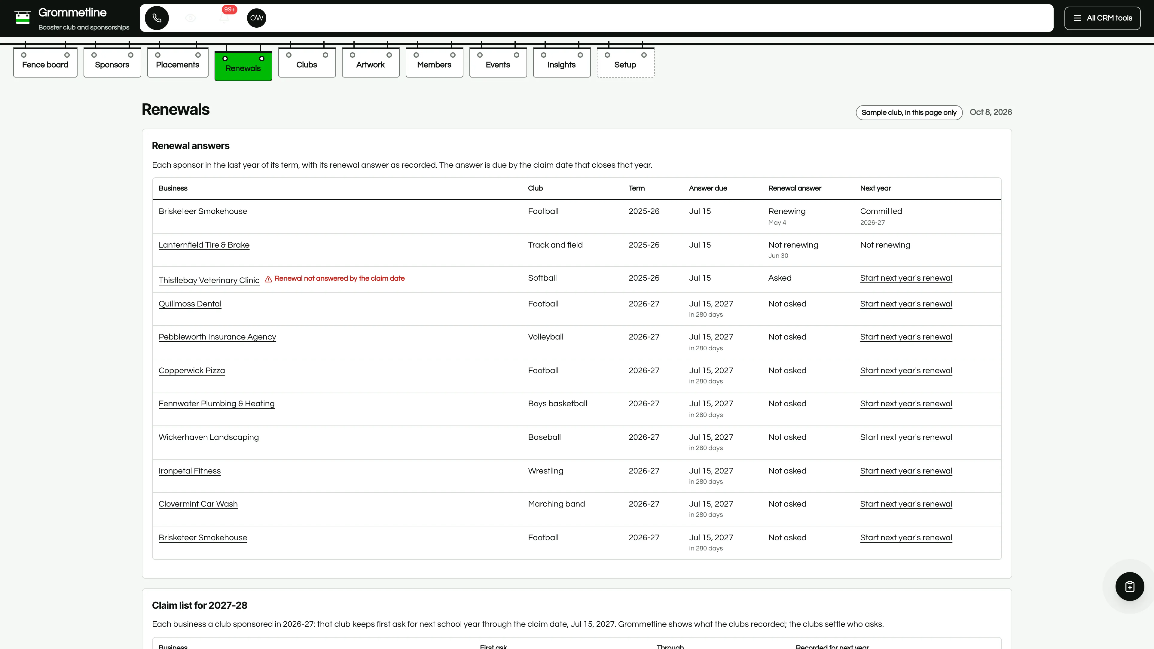 Renewals in the GoSeedly Booster Club & Sponsorships Kit with fictional sample records