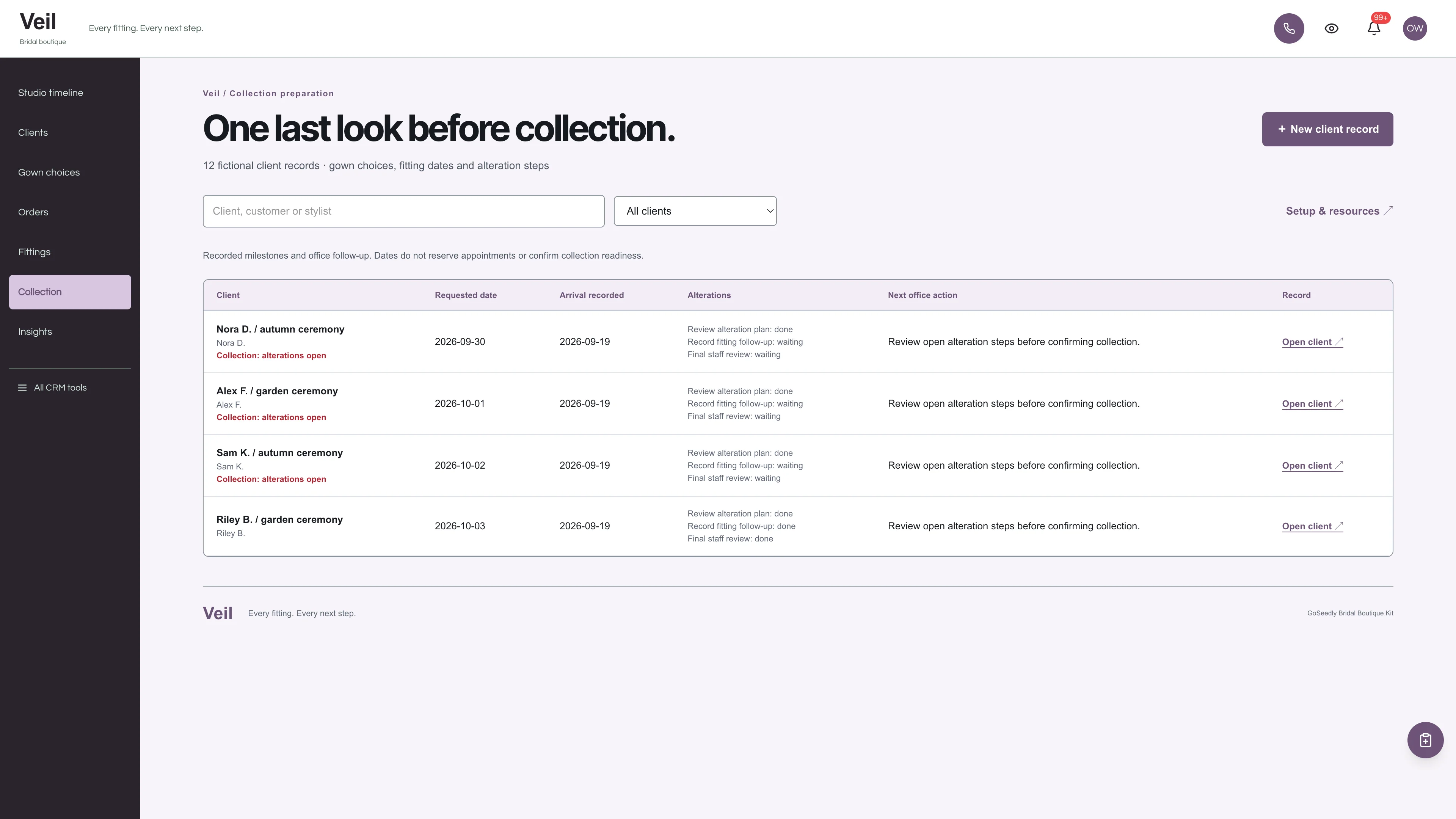 Collection in the GoSeedly Bridal Boutique Kit with fictional sample records