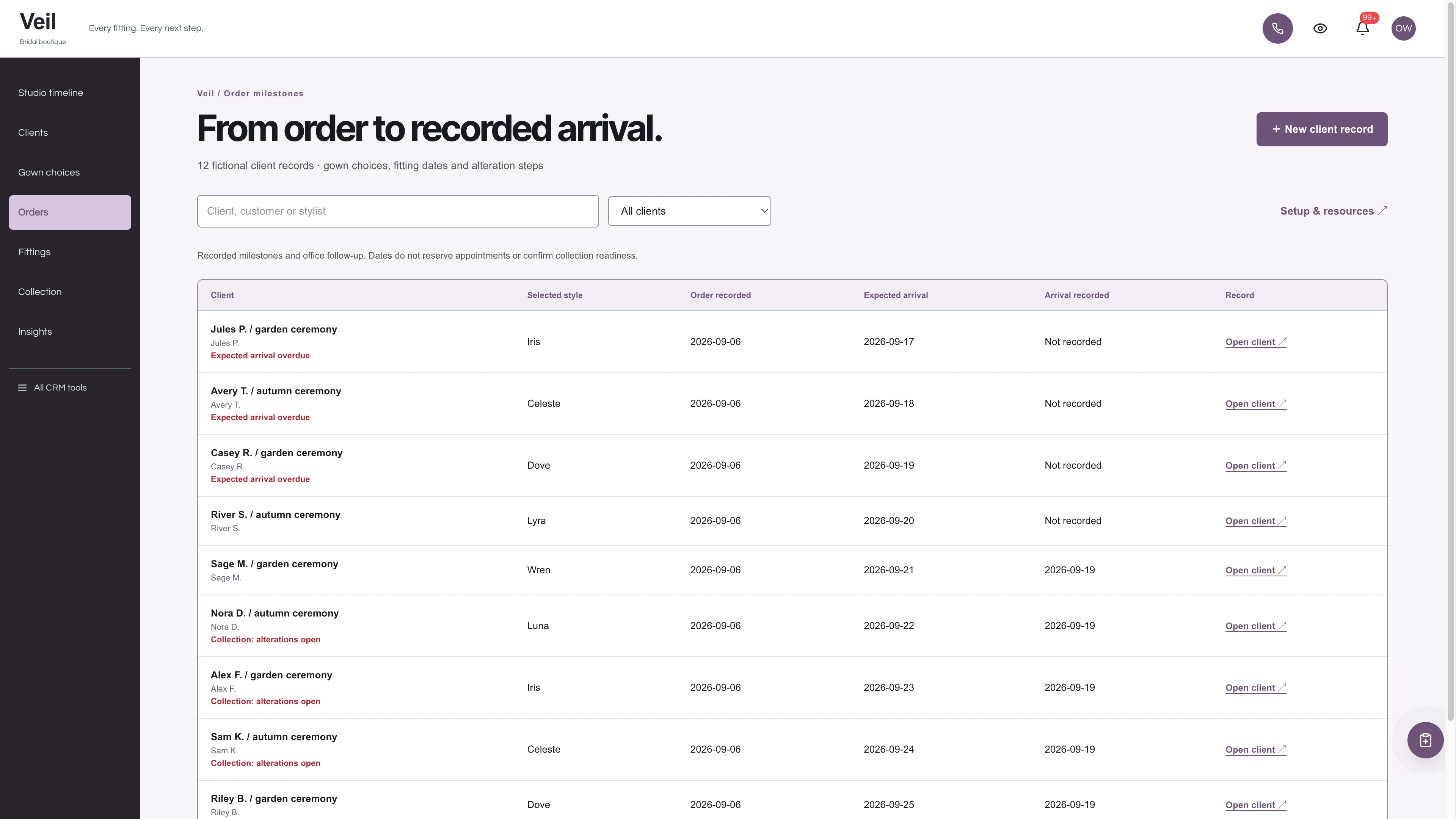Orders in the GoSeedly Bridal Boutique Kit with fictional sample records