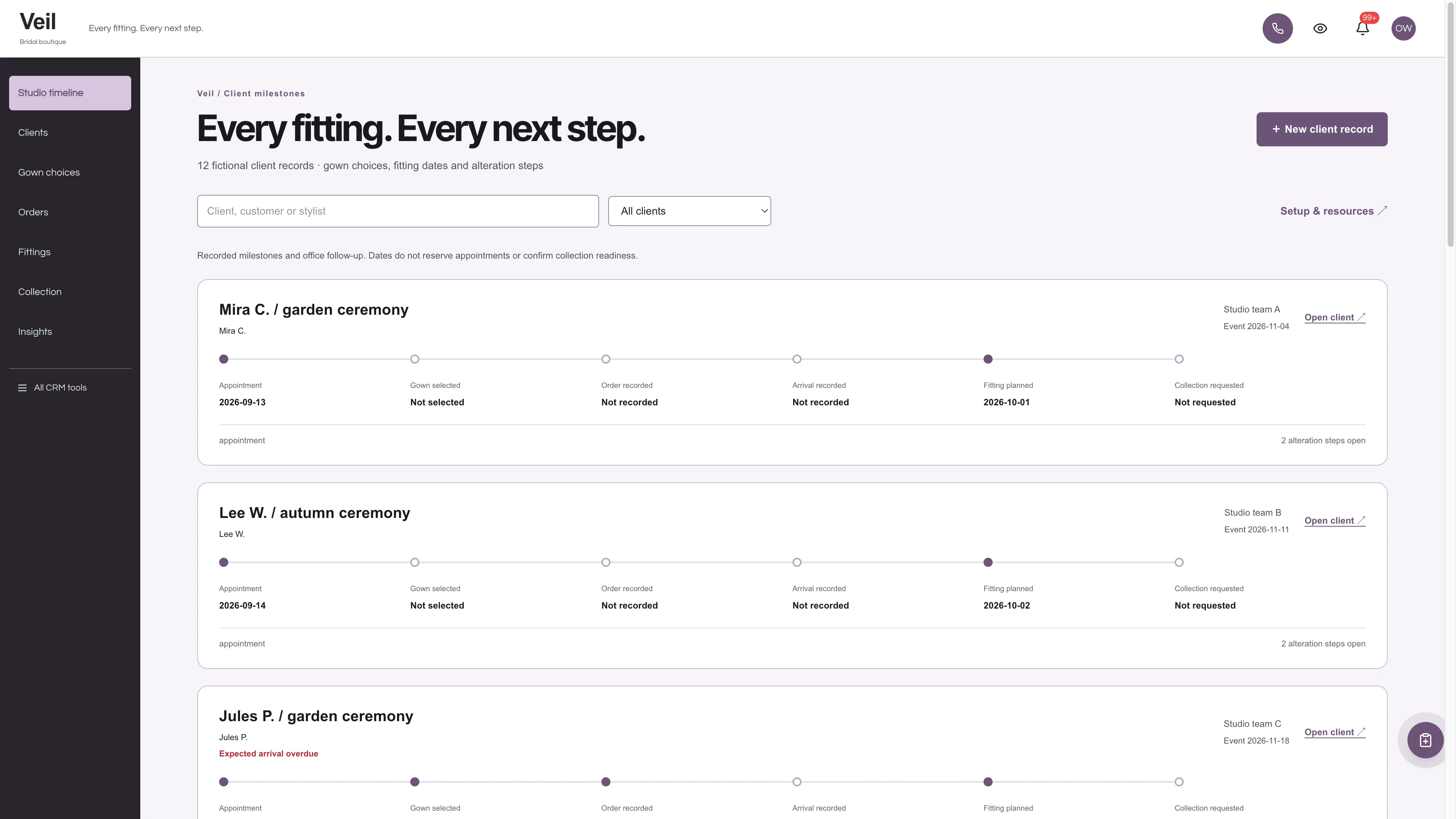 Veil client milestone timelines with cool mauve navigation, recorded appointments, gown selections, arrivals and requested collections