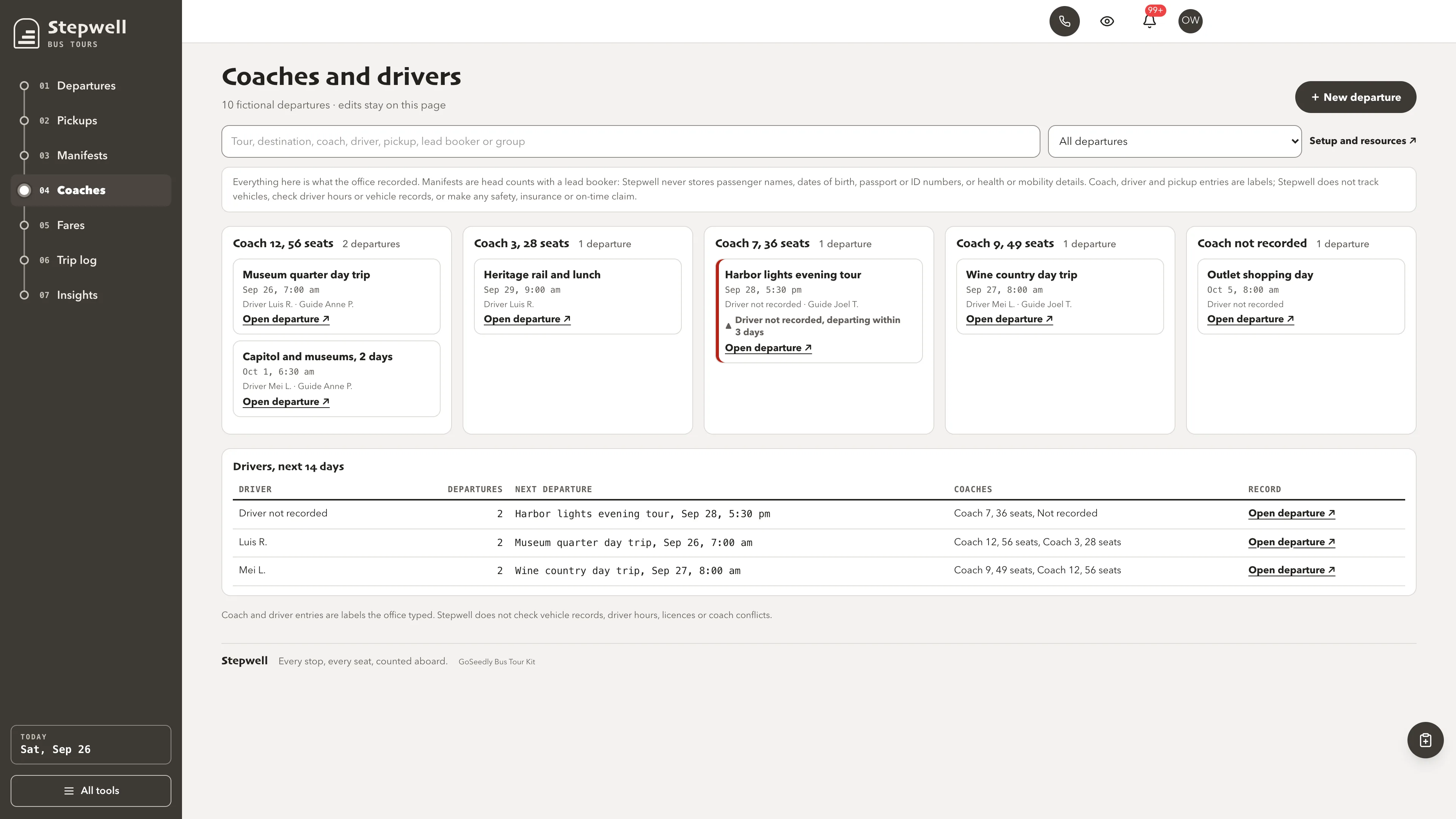 Coaches in the GoSeedly Bus Tour Operations Kit with fictional sample records