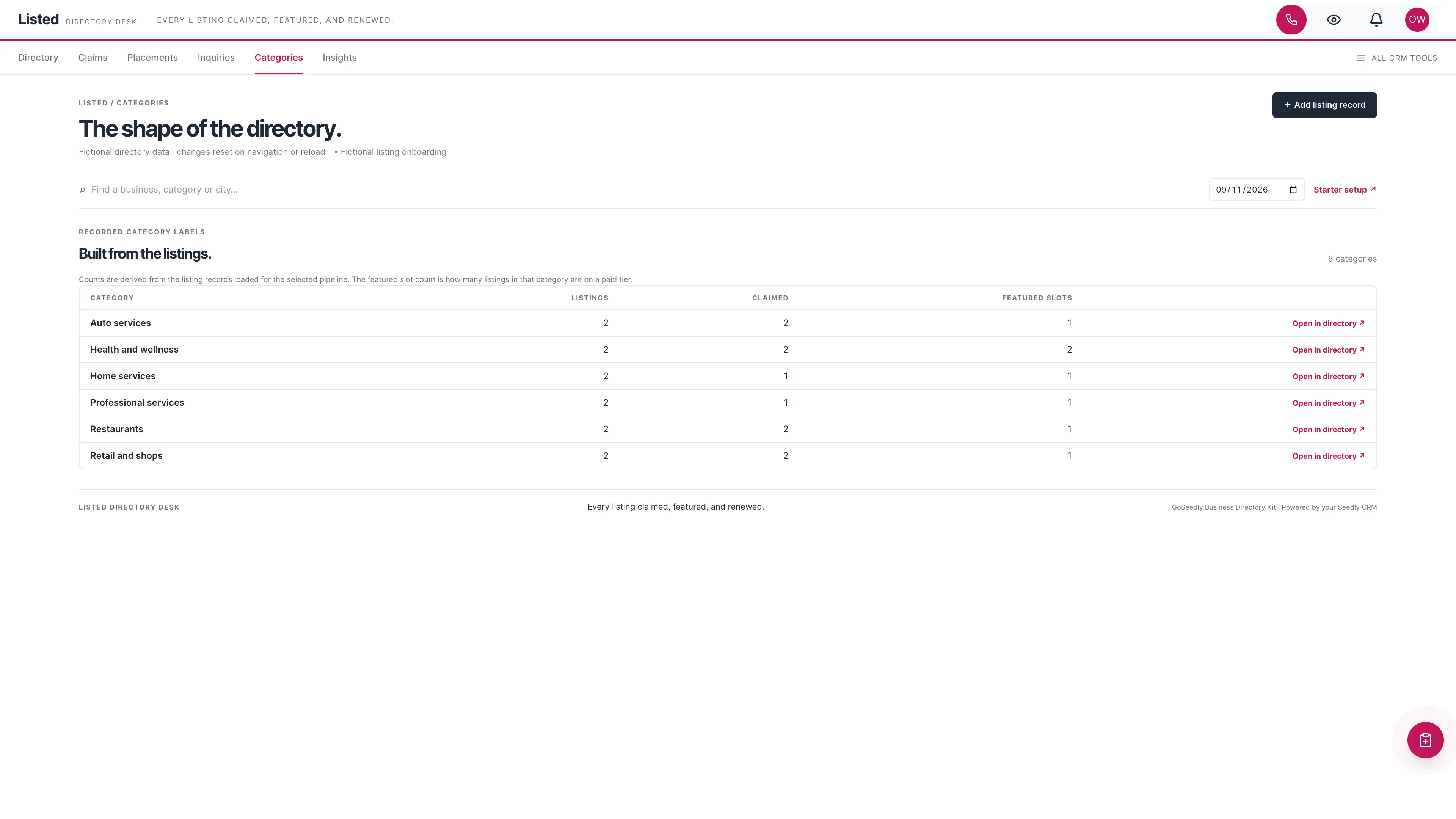 Categories in the GoSeedly Business Directory Kit with fictional sample records