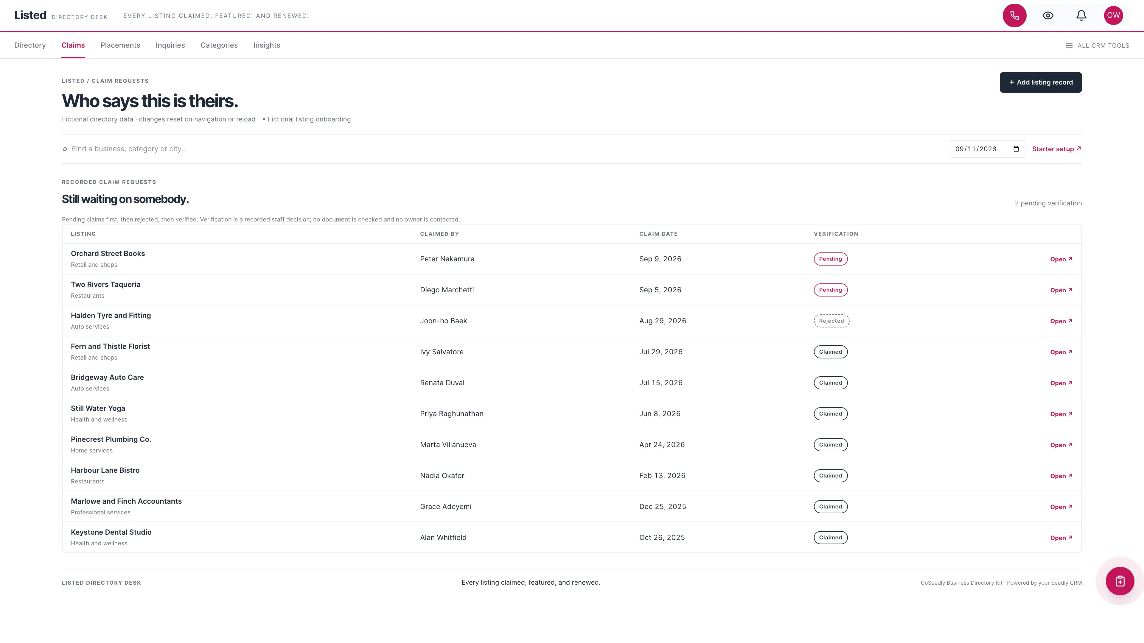 Claim requests in the GoSeedly Business Directory Kit with fictional sample records