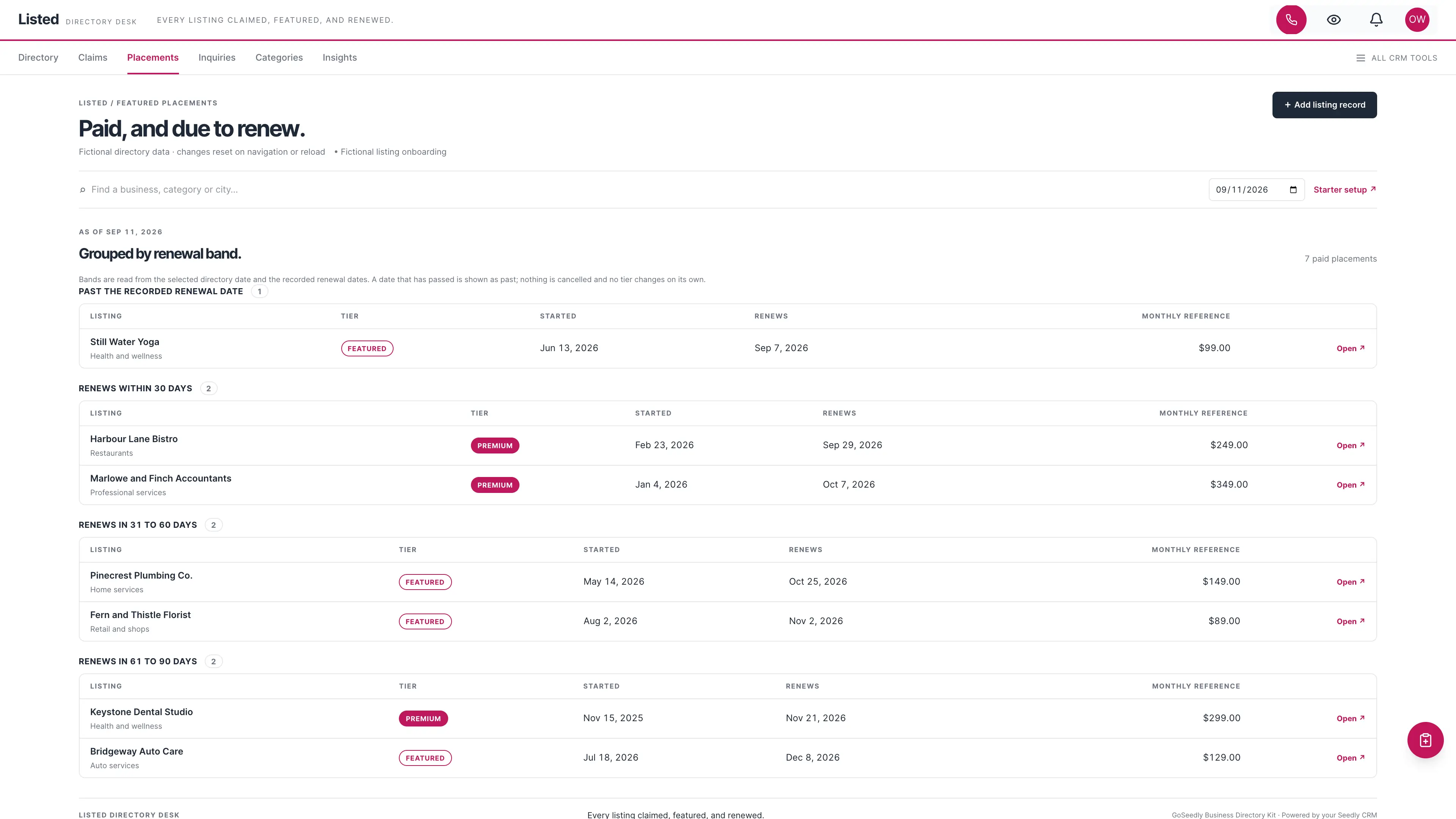 Placements in the GoSeedly Business Directory Kit with fictional sample records