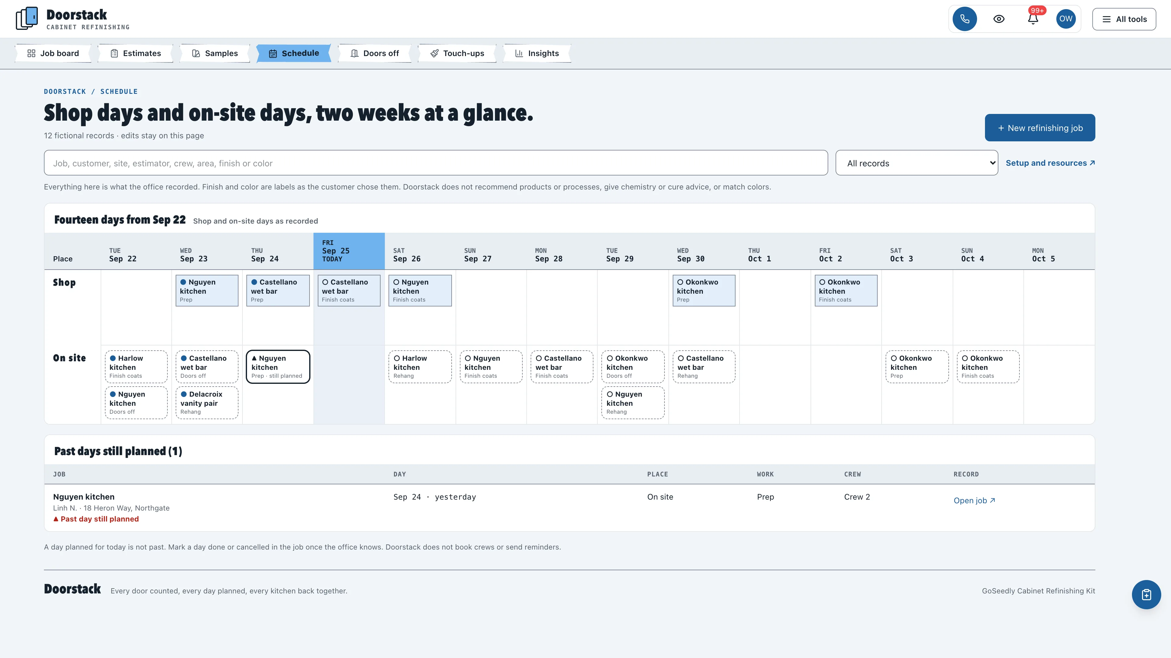 Schedule in the GoSeedly Cabinet Refinishing Kit with fictional sample records