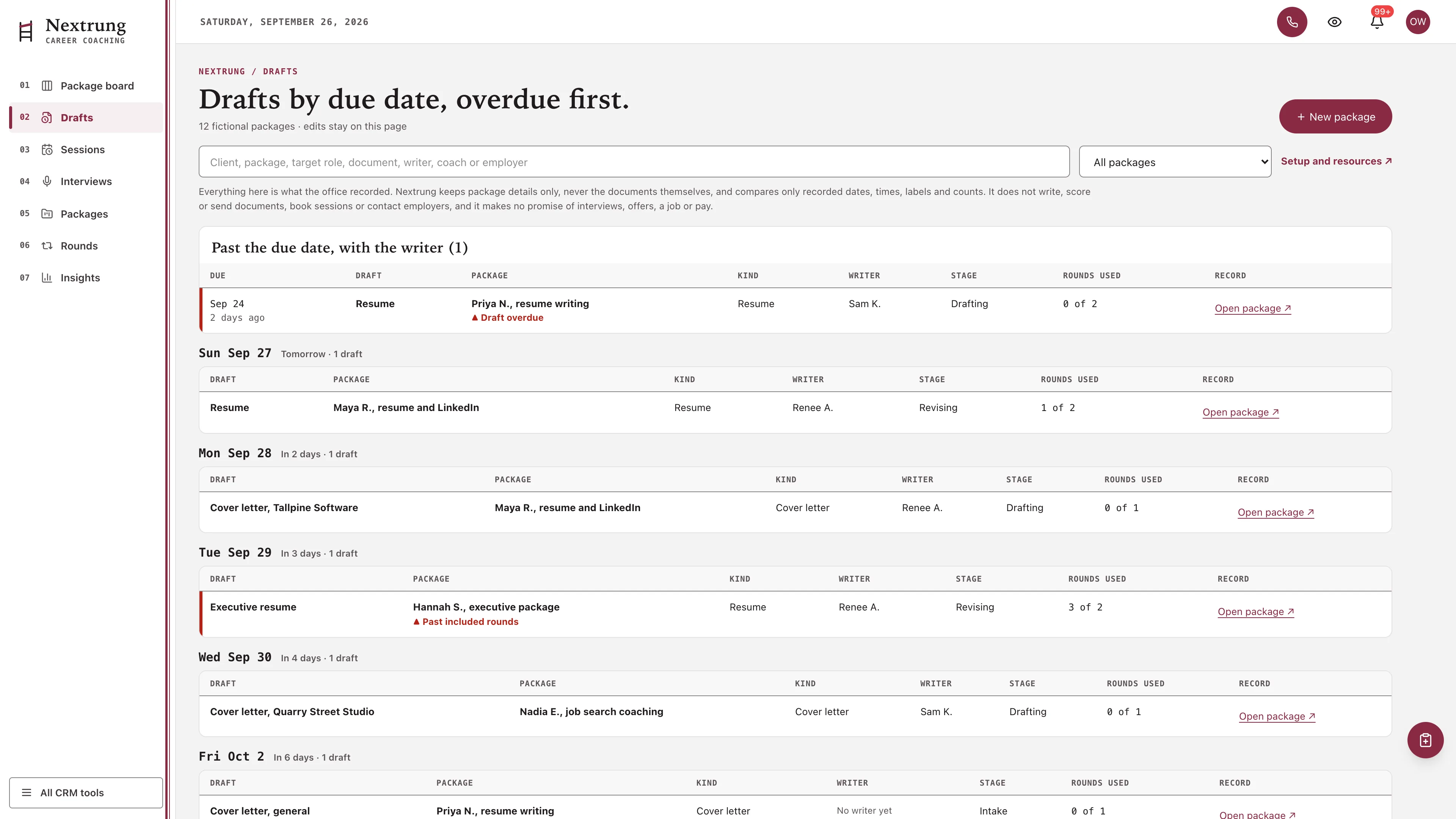 Drafts in the GoSeedly Career Coach Kit with fictional sample records