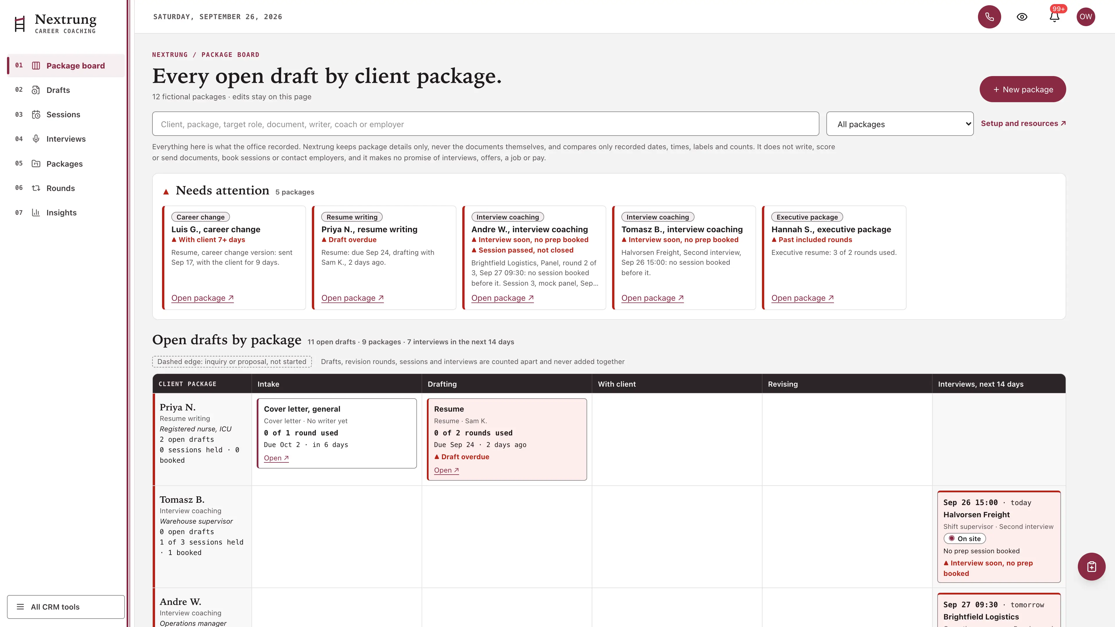 White side rail with a claret margin rule and numbered views beside a needs-attention strip of five packages and a board with one row per client package, draft cards in intake, drafting, with client and revising columns showing rounds used against rounds included, and interview chips with their prep session, using fictional sample data