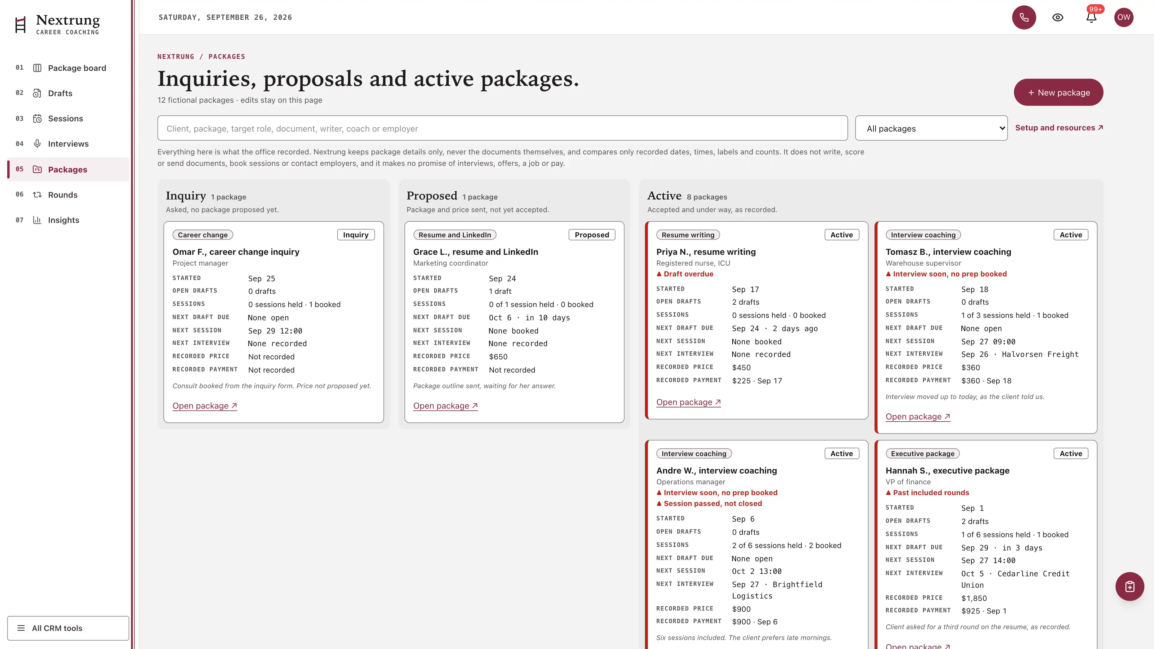 Packages in the GoSeedly Career Coach Kit with fictional sample records