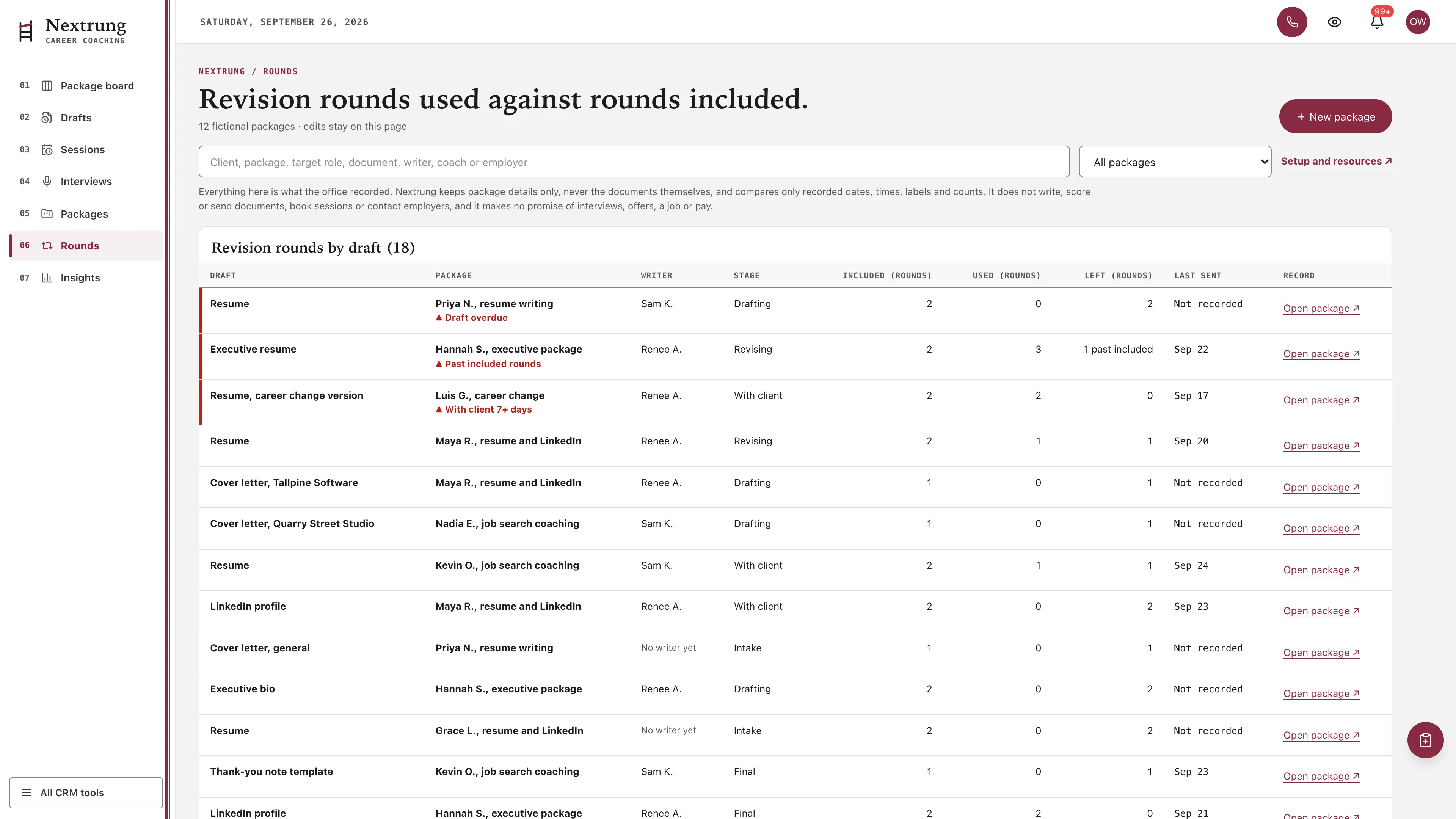 Rounds in the GoSeedly Career Coach Kit with fictional sample records