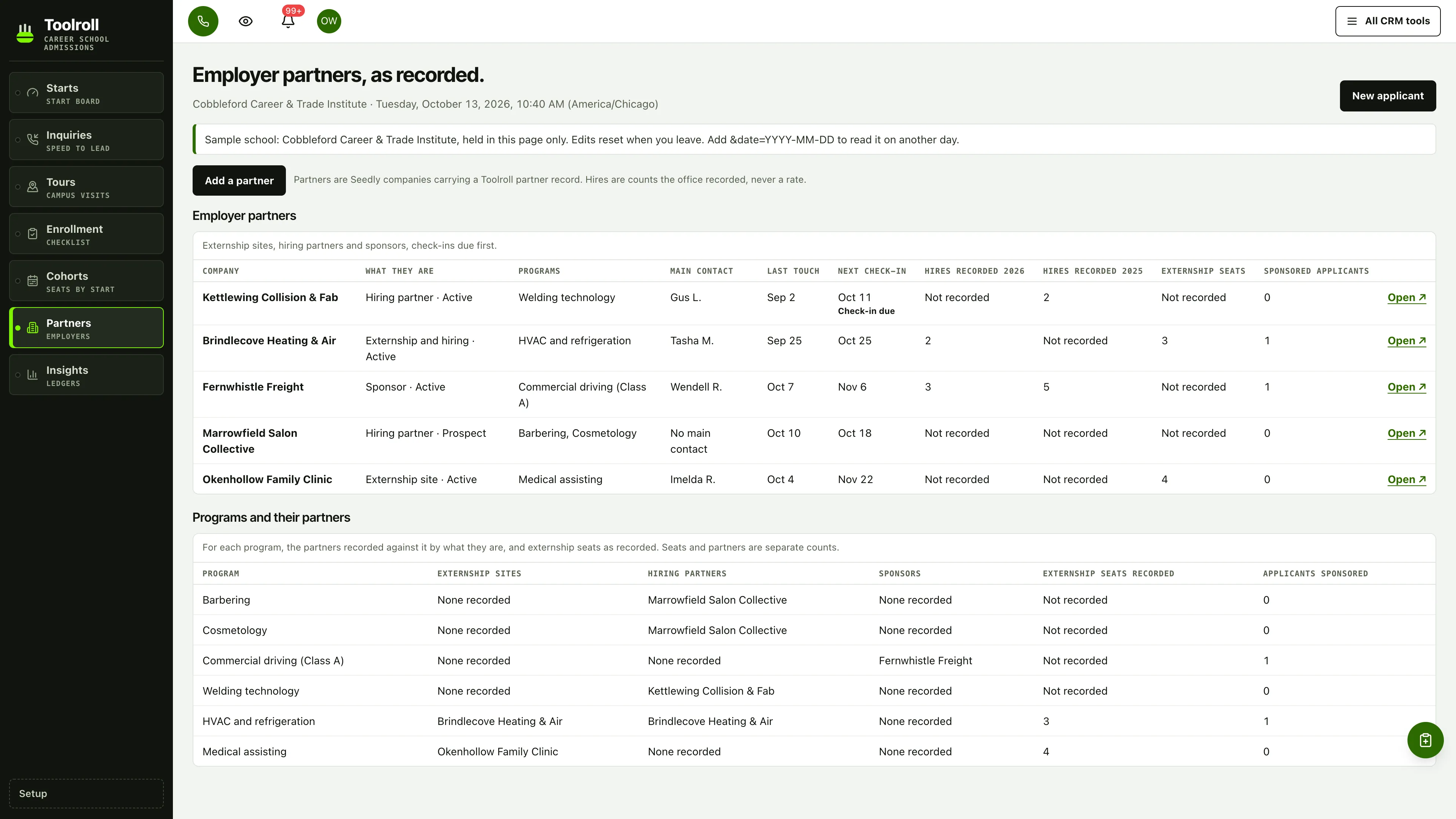 Partners in the GoSeedly Career & Trade School Admissions Kit with fictional sample records