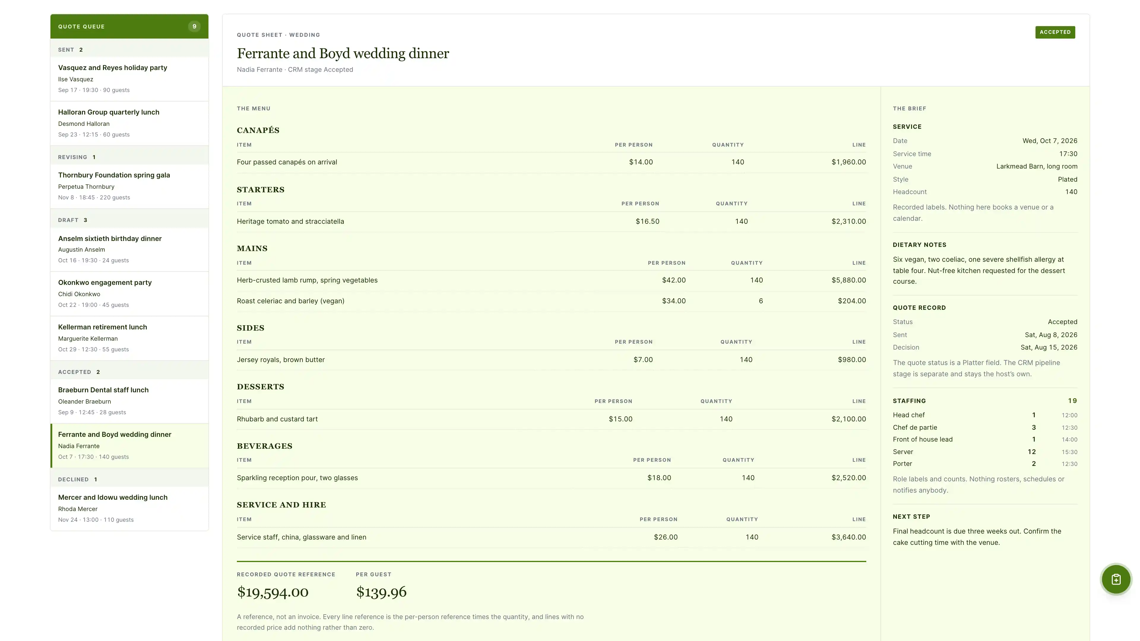 A full quote sheet in the GoSeedly Catering Kit with fictional sample records