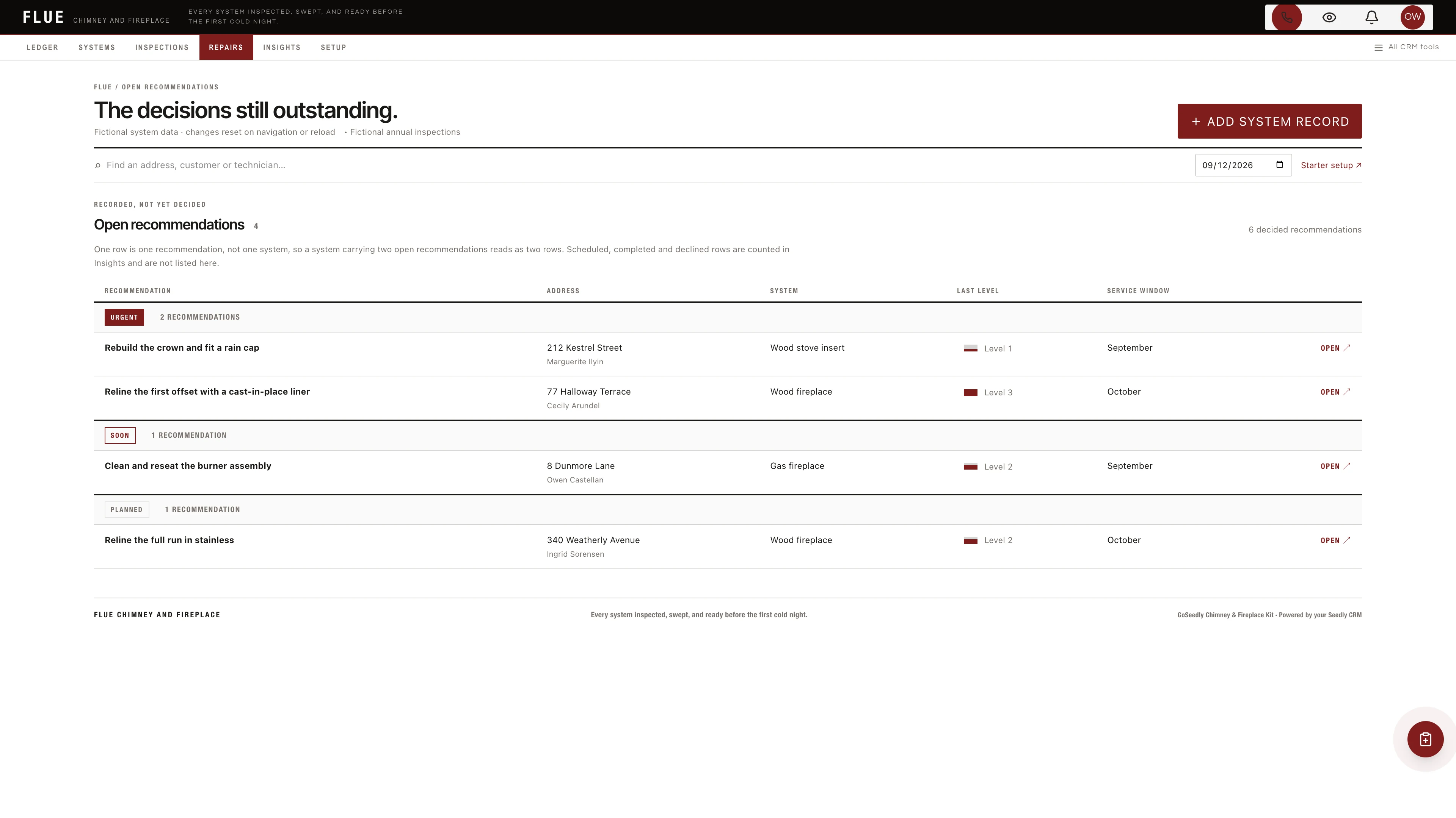 Open recommendations in the GoSeedly Chimney & Fireplace Kit with fictional sample records